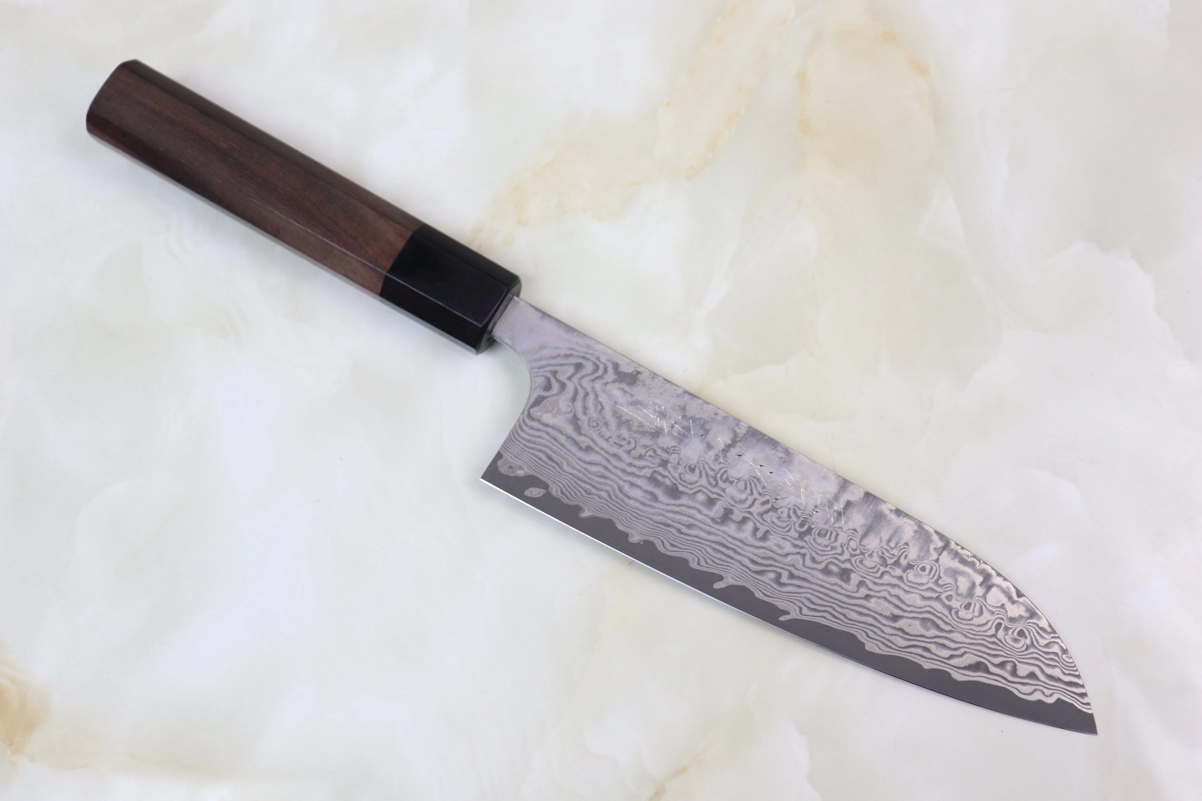 Fu-Rin-Ka-Zan R-2 Damascus Wa Series FRN-3 Wa Santoku 170mm (6.6 inch, Octagon Shaped Red-Sandalwood Handle)