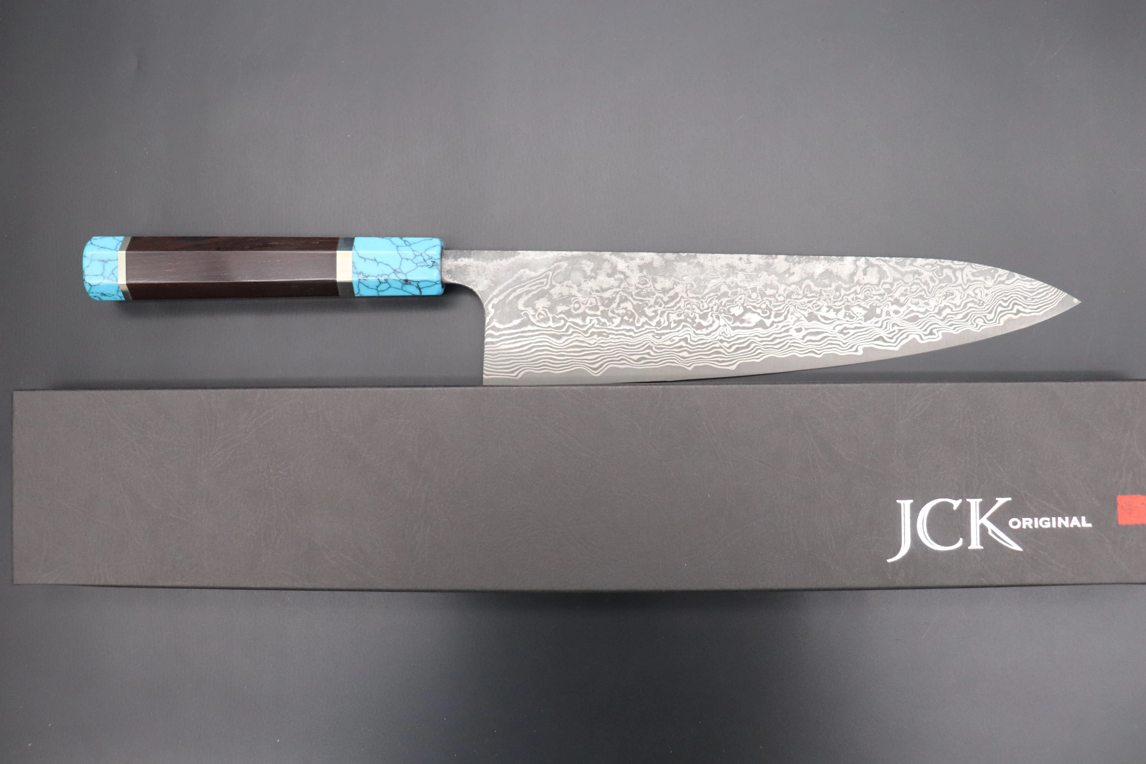 Fu-Rin-Ka-Zan YUTAKA 豊佳 Series R-2 Damascus Edition FRYP-45 Wa Gyuto 240mm (9.4 inch, Octagon Shaped Ebonywood Handle with Turquoise Composite Stone Ferrule & Butt) - Image 8