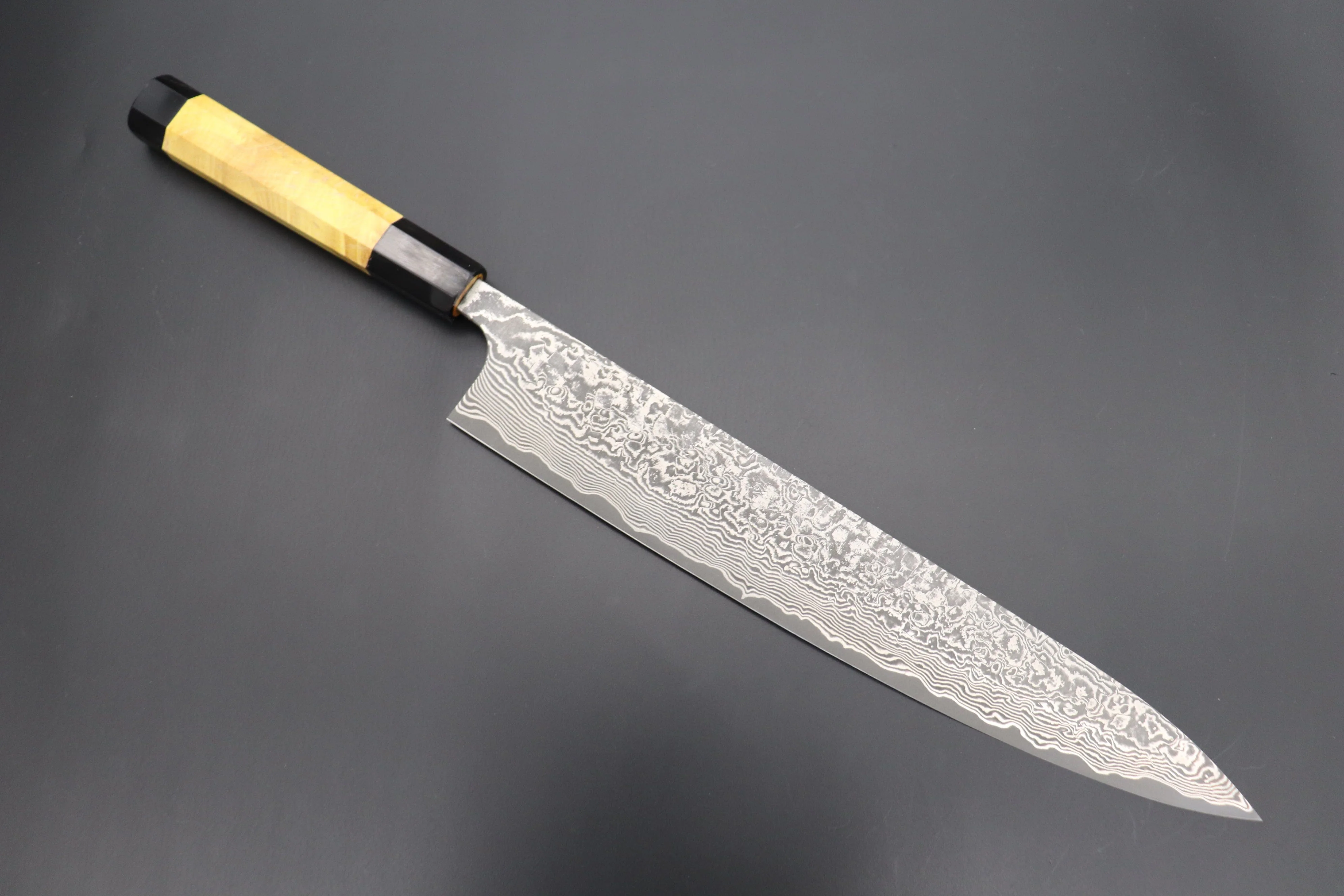 Fu-Rin-Ka-Zan YUTAKA 豊佳 Series R-2 Damascus Edition FRYP-50 Wa Sujihiki 270mm (10.6 inch, Sunny Yellow Color Stabilized Maple Burl Wood Handle)