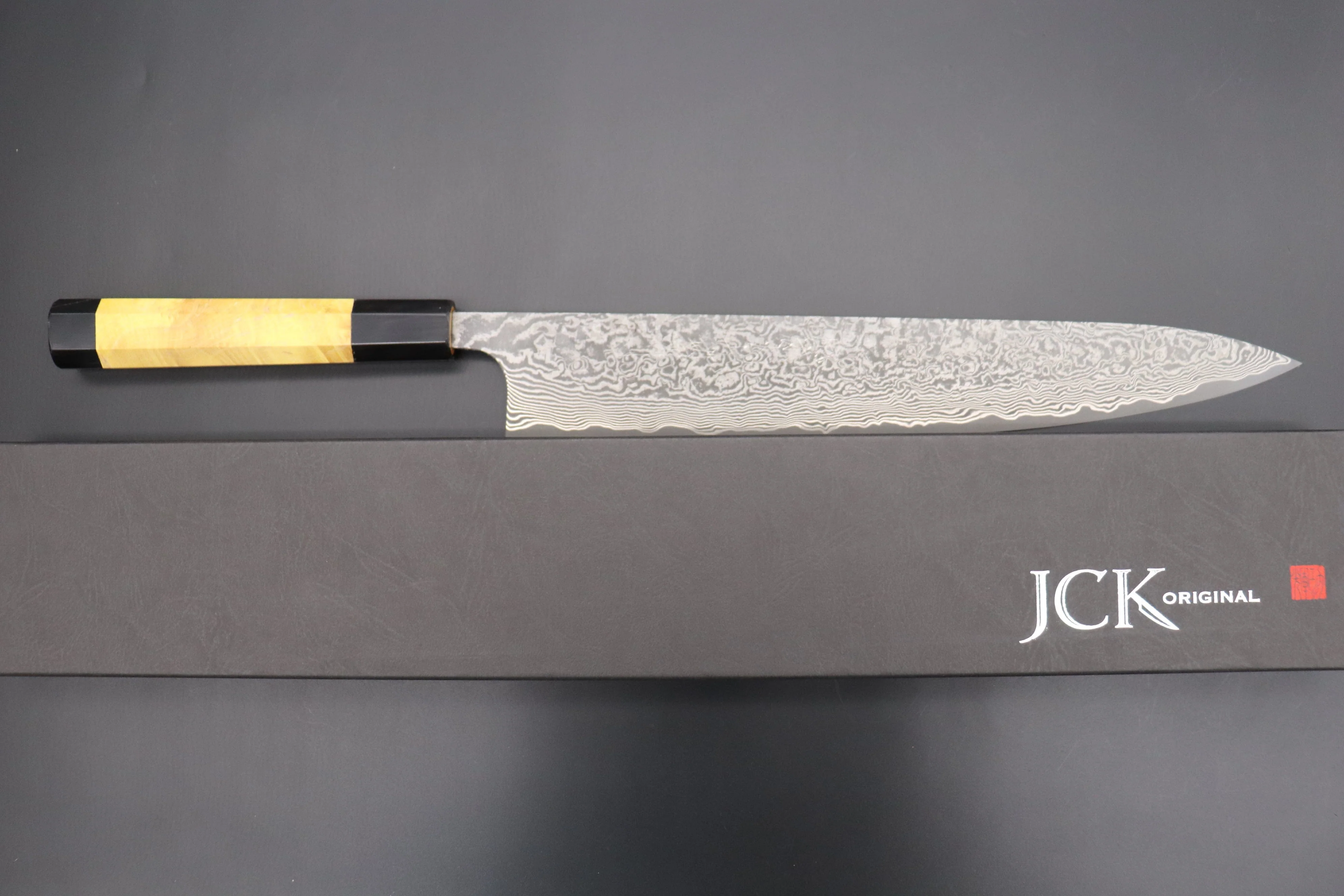 Fu-Rin-Ka-Zan YUTAKA 豊佳 Series R-2 Damascus Edition FRYP-50 Wa Sujihiki 270mm (10.6 inch, Sunny Yellow Color Stabilized Maple Burl Wood Handle) - Image 8