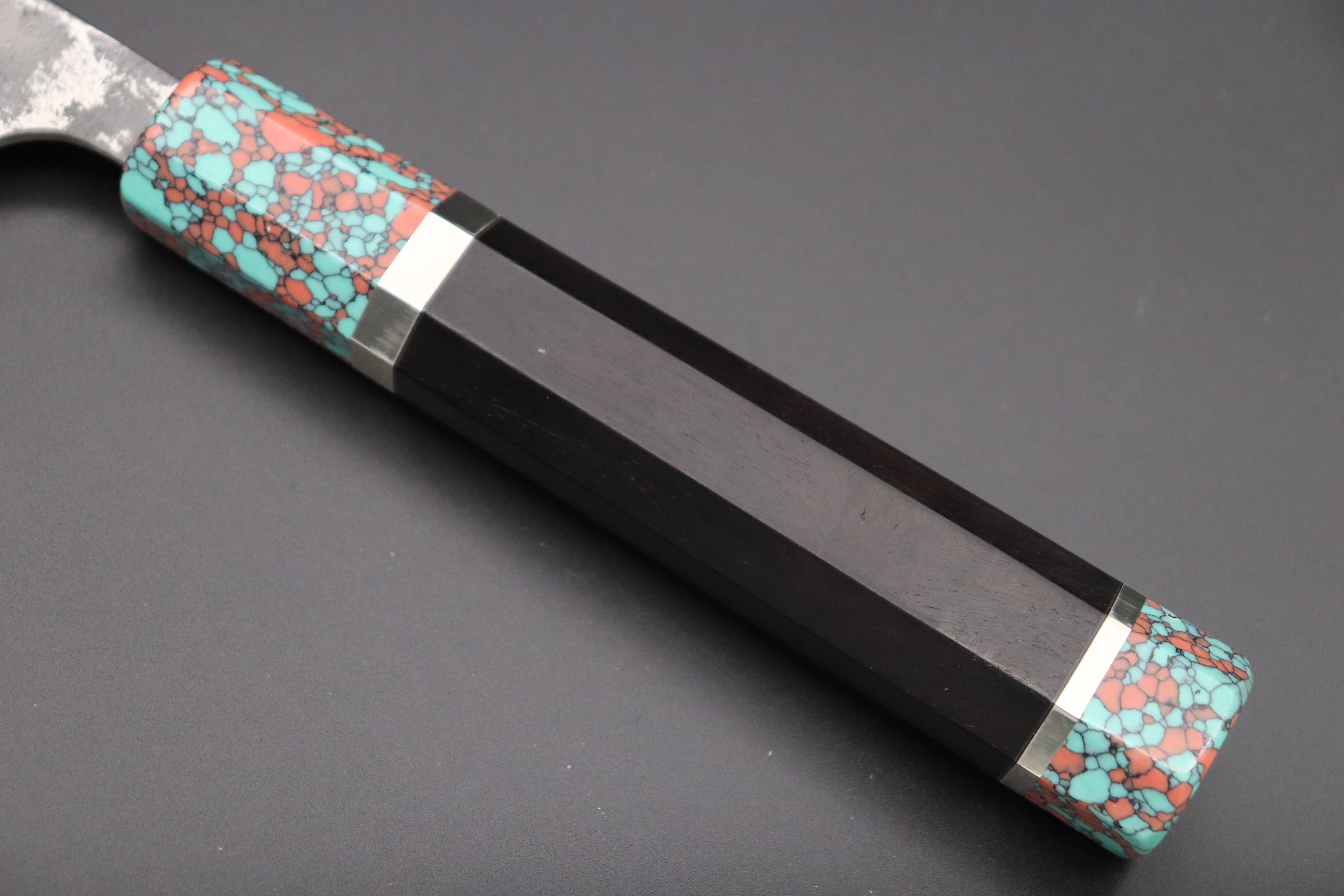 Fu-Rin-Ka-Zan YUTAKA 豊佳 Series R-2 Damascus Edition FRYP-54 Wa Gyuto 240mm (9.4 inch, Octagon Shaped Ebonywood Handle with Turquoise Composite Stone Ferrule & Butt) - Image 7