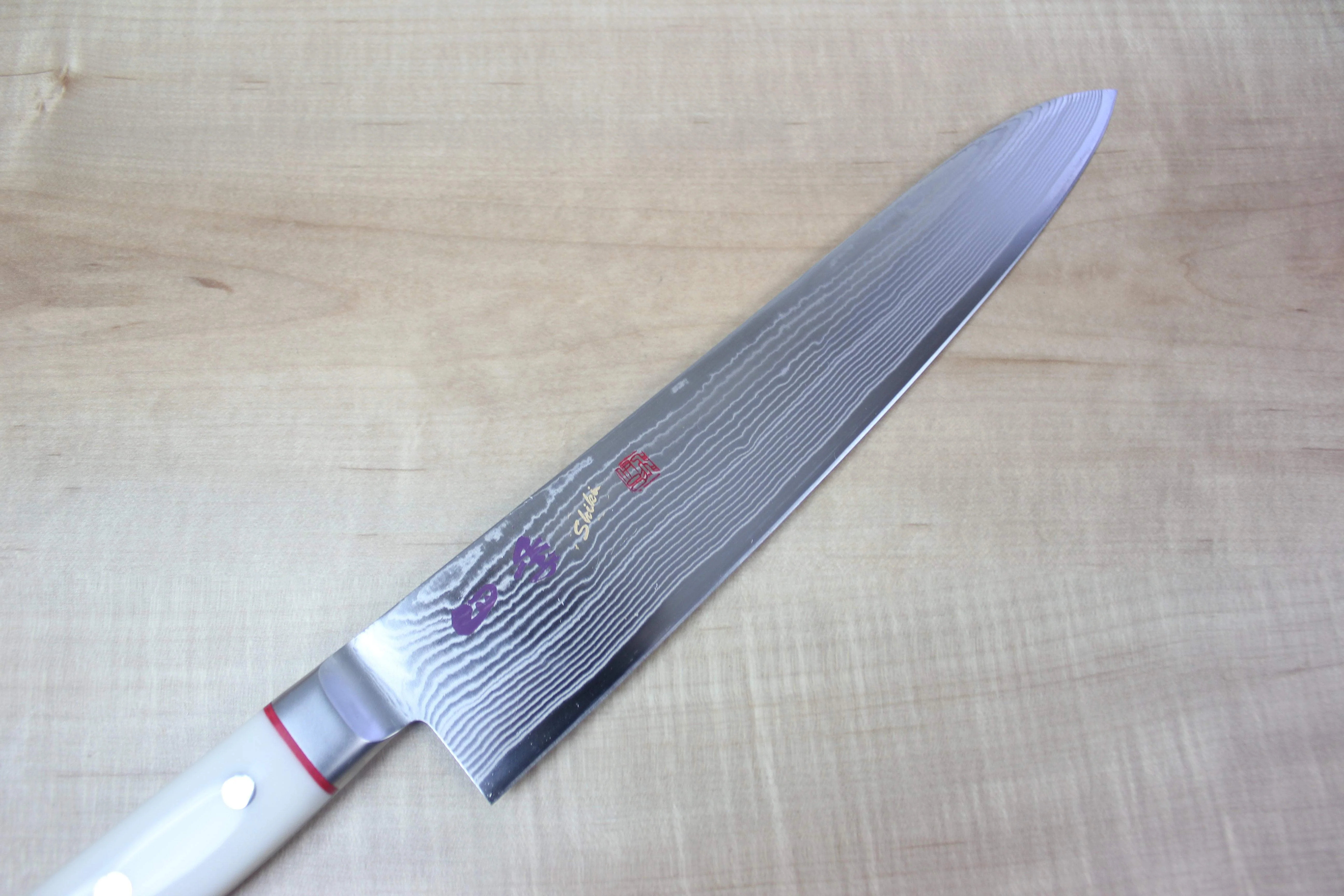 Limited Edition,  SHIKI 守護神 Guardian Series "Calm Wave Damascus Version" SKCI-6L Gyuto 240mm (9.4 inch, White Corian Handle) - Image 2