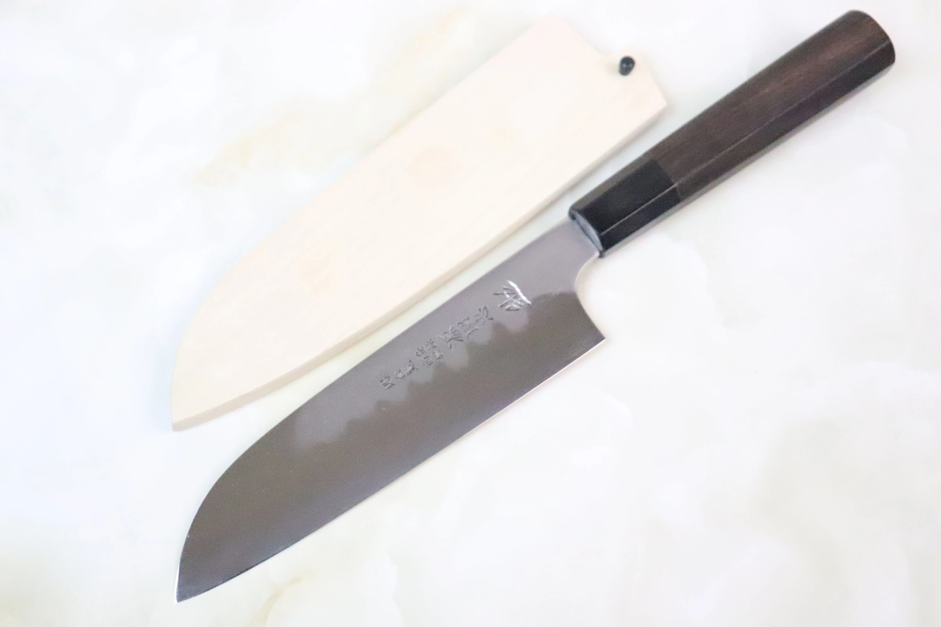 Mizuno Tanrenjo Akitada Honyaki DX Series Blue Steel No.2 Wa Santoku (165mm or 180mm, Octagon Shaped Ebonywood Handle)