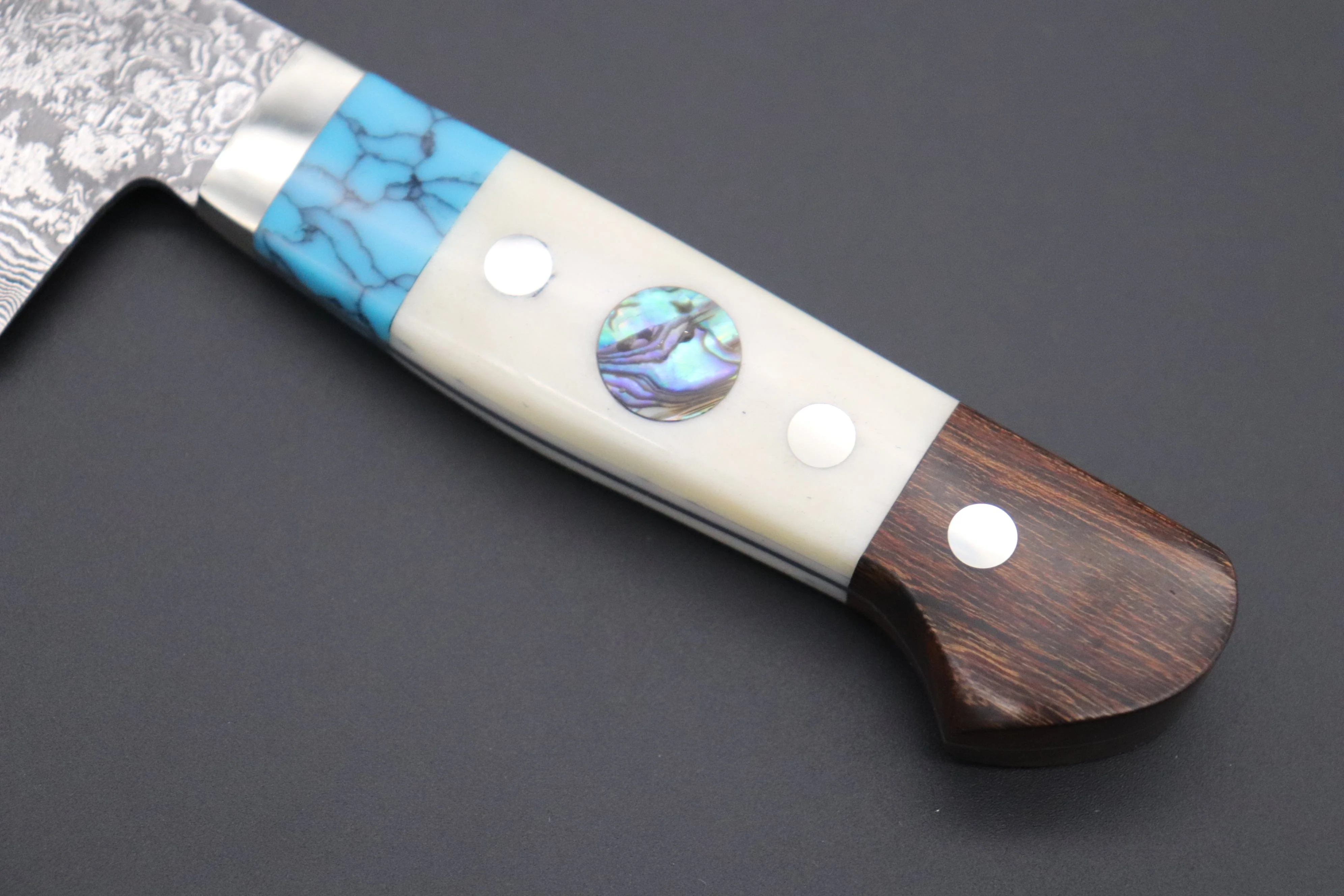 Mr. Itou “Luna Series” R-2 Custom Damascus Gyuto 185mm (7.2 inch) "Custom Combination Handle (Turquoise, White Color Camel Bone, Ironwood.)" (IT-130) - Image 3