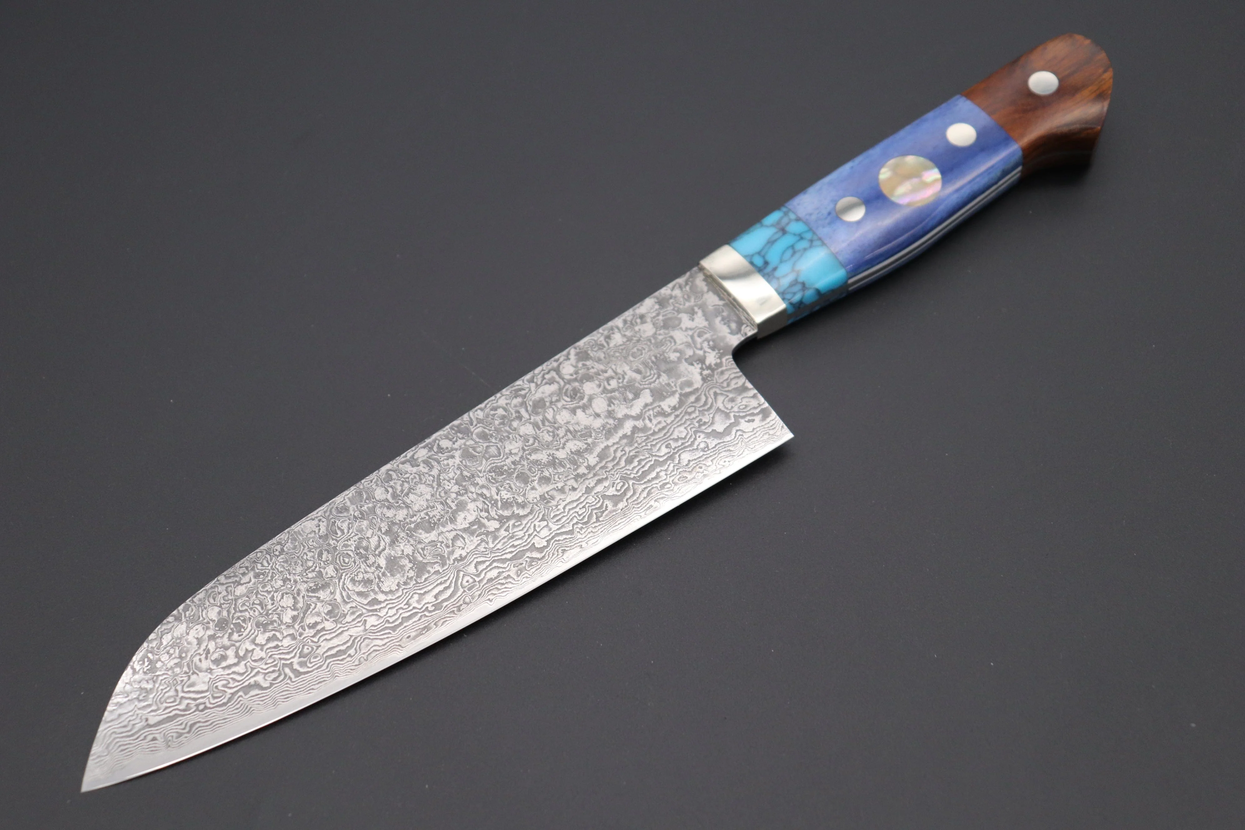 Mr. Itou “Luna Series” R-2 Custom Damascus Santoku 170mm (6.6 inch, "Custom Combination Handle(Turquoise Gem-Composite Stone/Blue Color Camel Bone/Ironwood)" (IT-162)