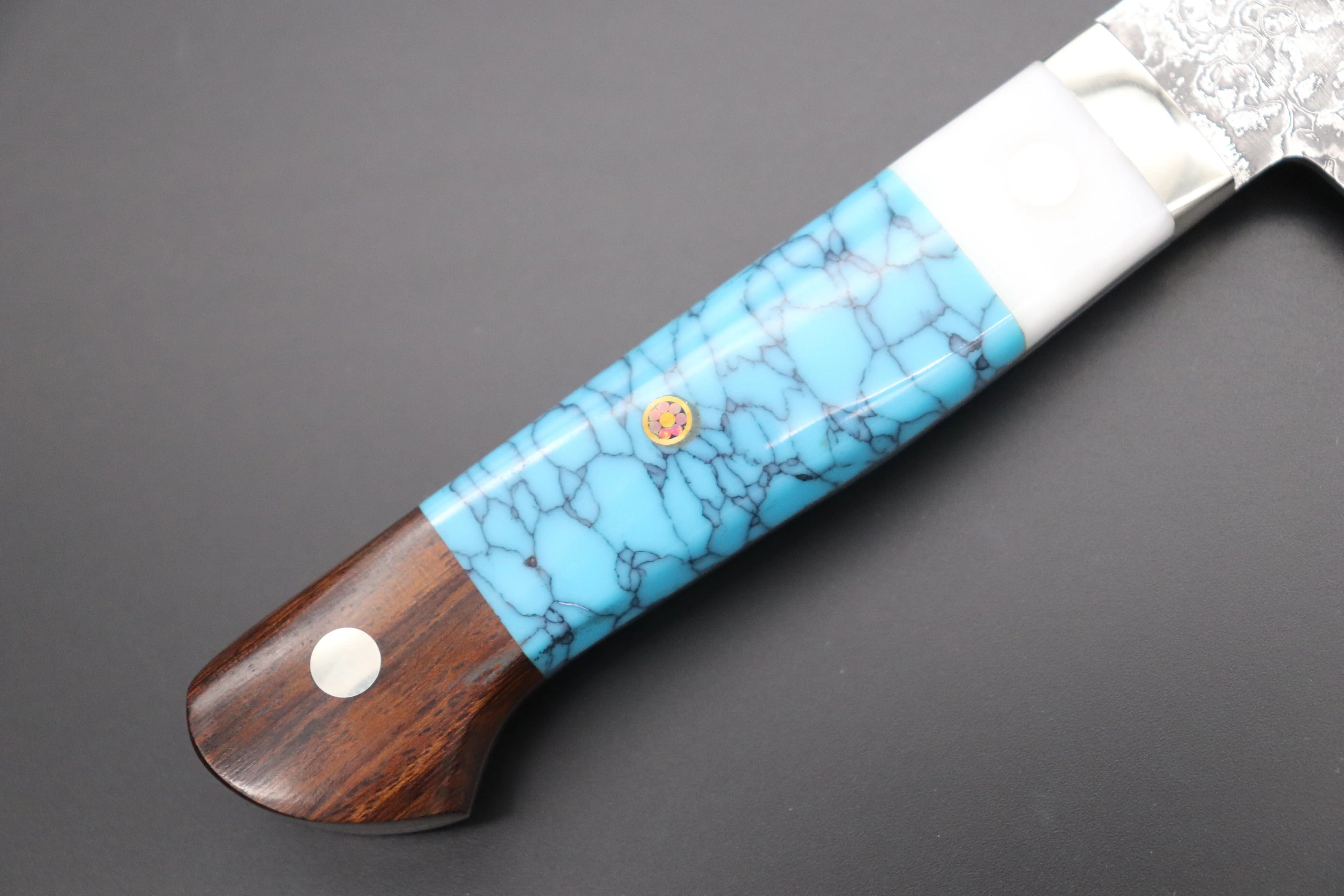 Mr. Itou R-2 Custom Damascus Gyuto 265mm (10.4 Inch) "Custom Combination Handle (Corian/Turuqoise/Ironwood)" (IT-1) - Image 7