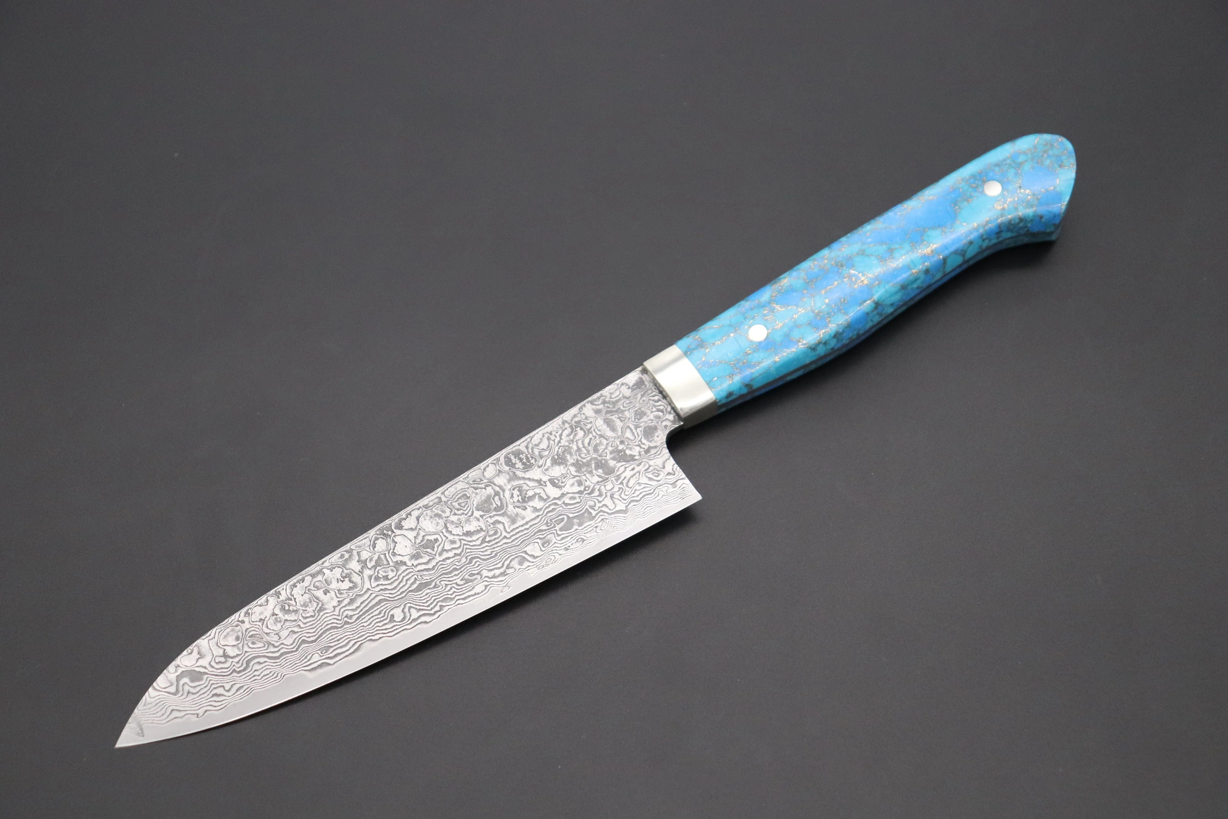 Mr. Itou R-2 Custom Damascus Petty 135mm (5.3 inch) "Golden Turquoise Gem-Composite Stone Handle" (IT-218)