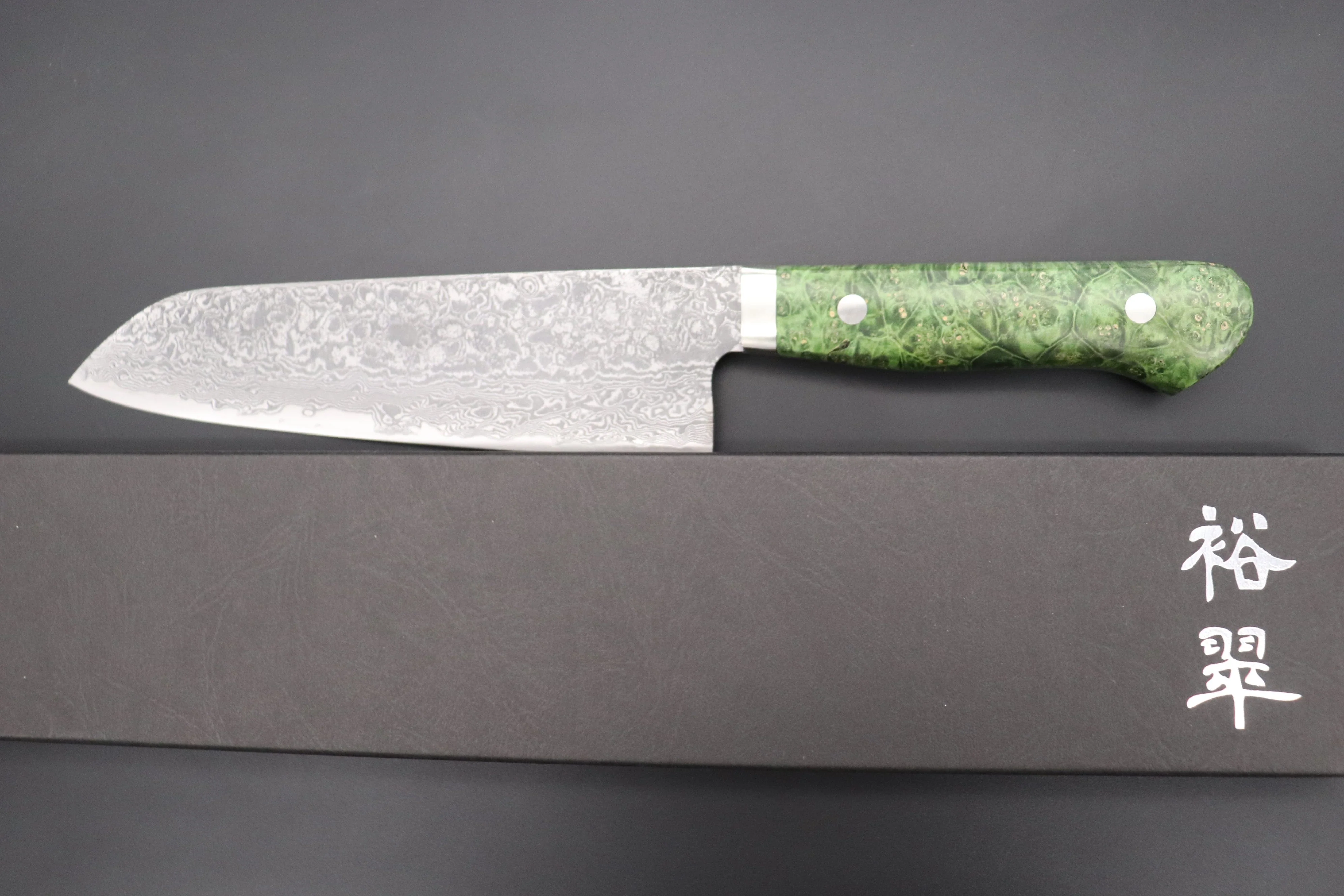 Mr. Itou R-2 Custom Damascus Santoku 180mm (7 inch, Green Color Stabilized Maple Burl Wood Handle, IT-226) - Image 8