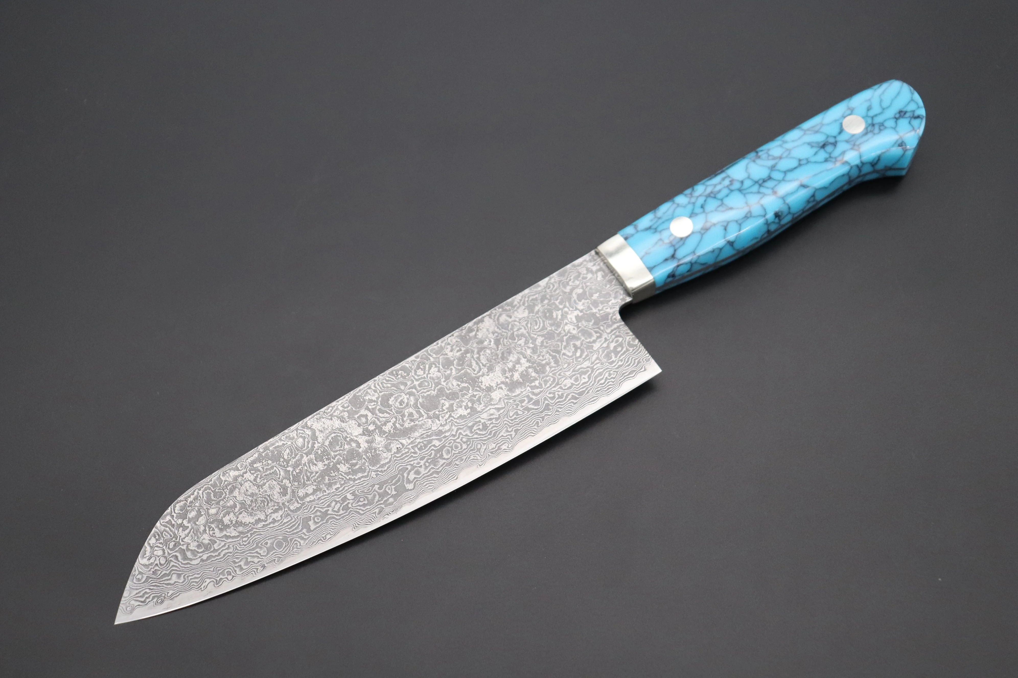 Mr. Itou R-2 Custom Damascus Santoku 180mm (7 inch) "Turquoise Gem-Composite Stone Handle" (IT-225)