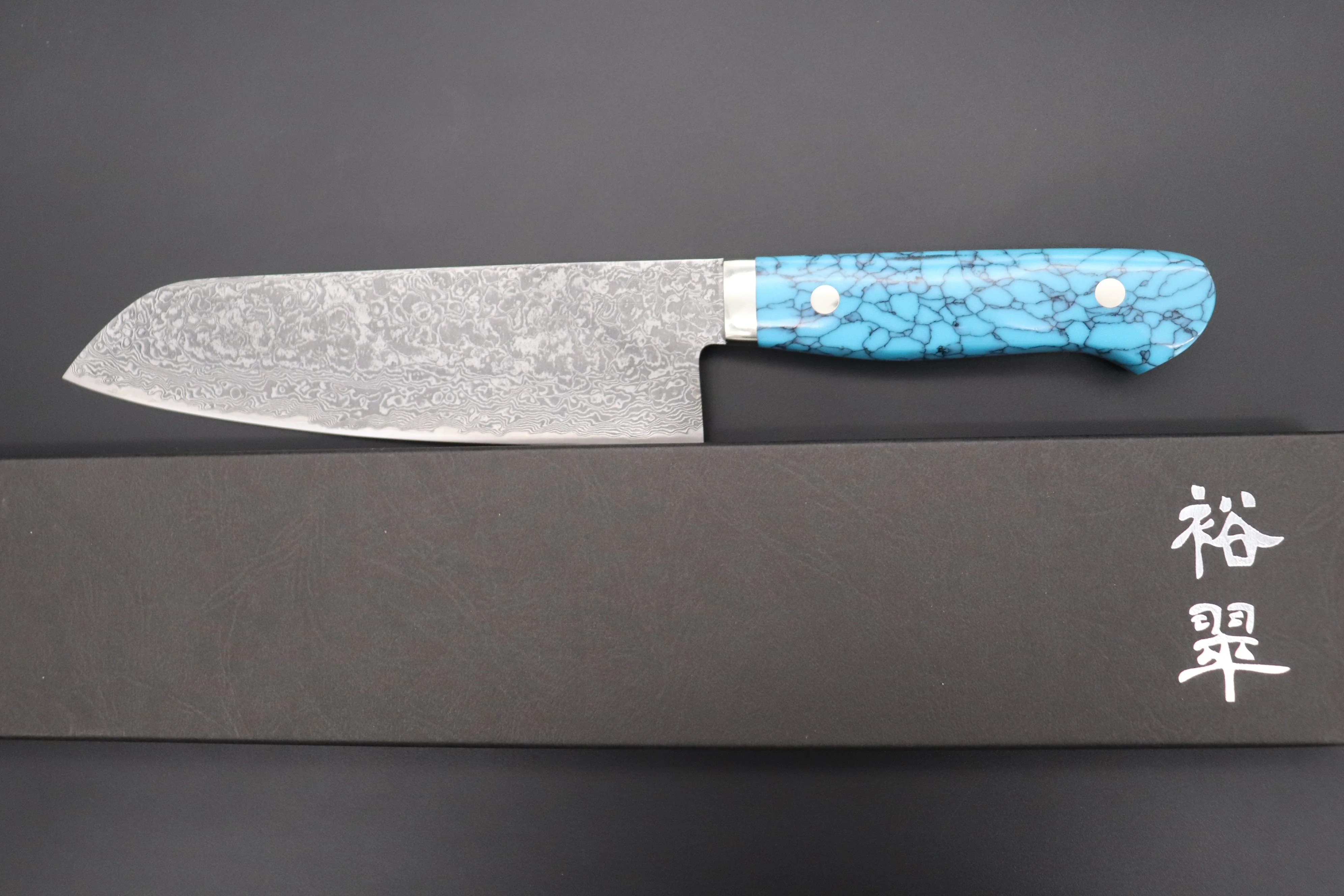 Mr. Itou R-2 Custom Damascus Santoku 180mm (7 inch) "Turquoise Gem-Composite Stone Handle" (IT-225) - Image 8