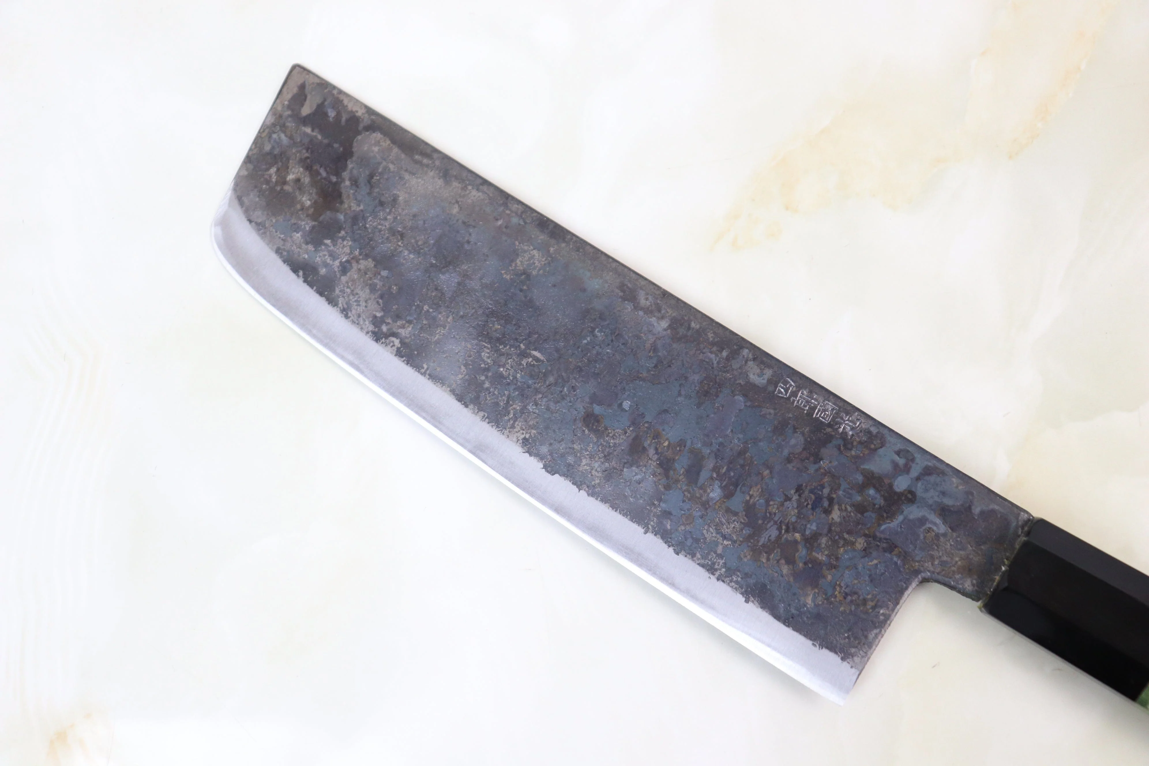 Shirou-Kunimitsu White Steel No.2 Kurouchi Series Special Edition SK-3SP32 Nakiri 165mm (6.4 Inch, Forrest Green Color Stabilized Maple Burl Wood Handle) - Image 2