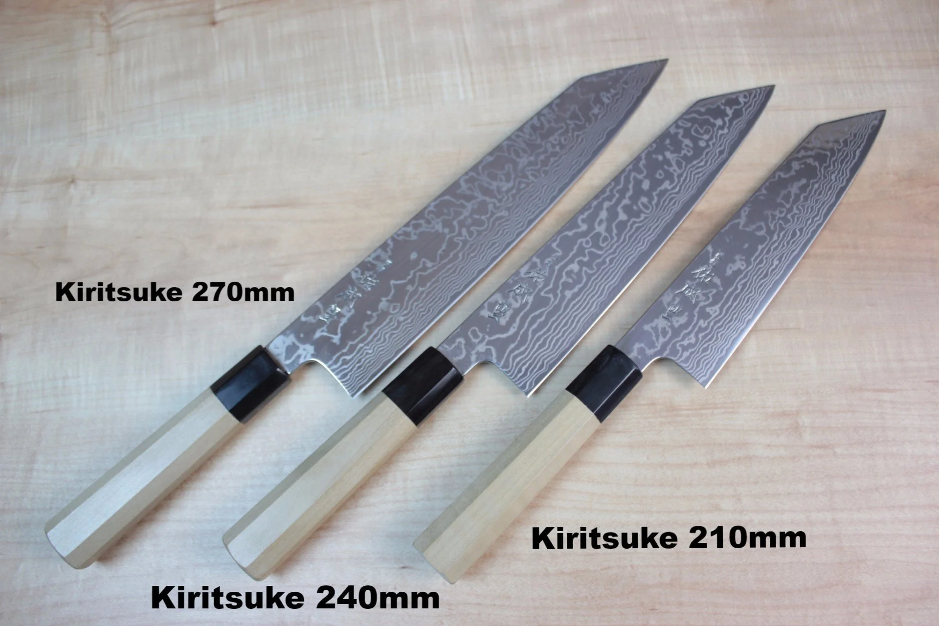 Sukenari Gingami No.3 Nickel Damascus Kiritsuke (210mm to 270mm, 3 sizes, Octagon Shaped Magnolia Wood Handle) - Image 5