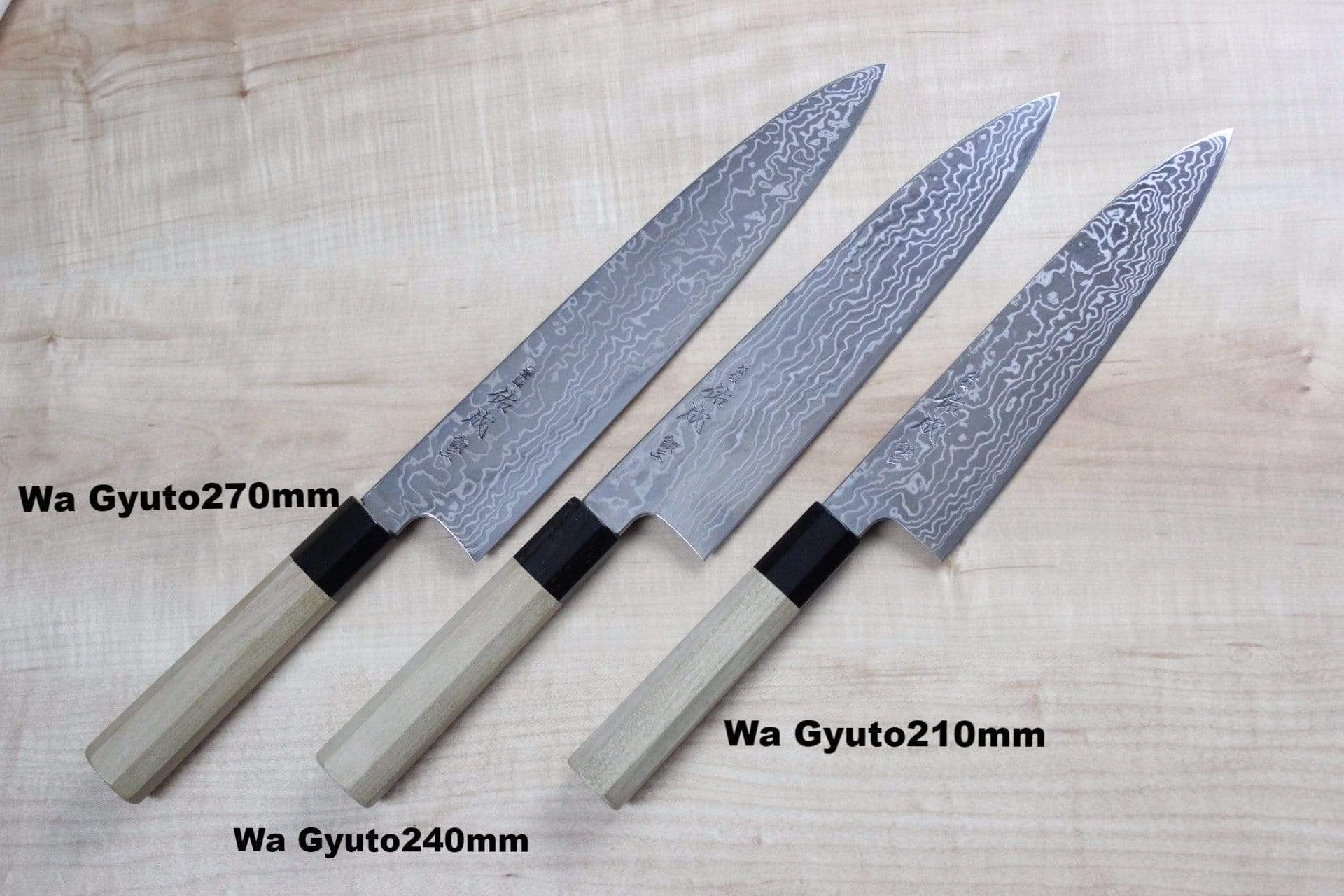 Sukenari Gingami No.3 Nickel Damascus Wa Gyuto (210mm to 270mm, 3 sizes, Octagon Shaped Magnolia Wood Handle) - Image 5