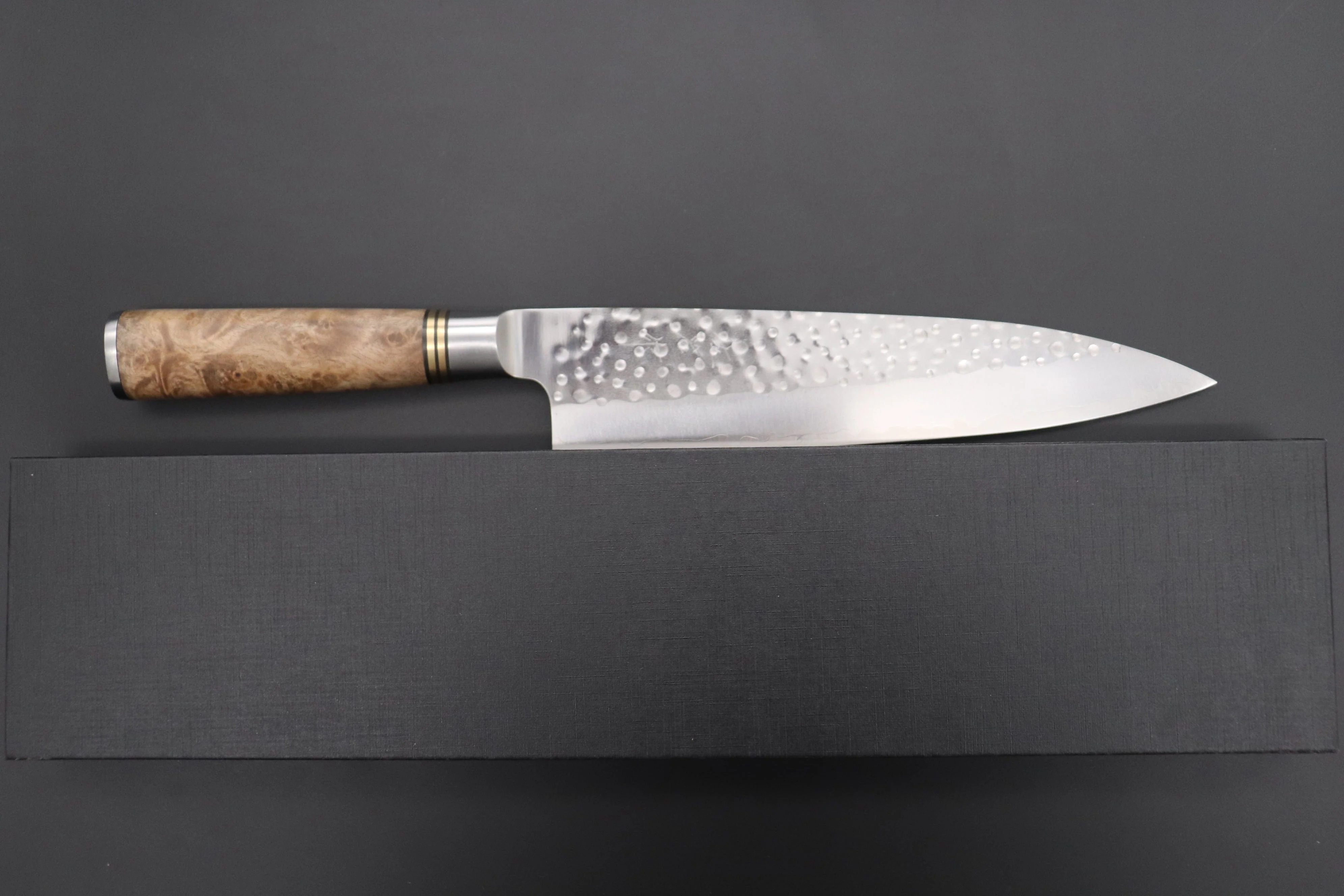 Takeshi Saji Nature Series — Hammer Forged R-2 Gyuto (210mm or 240mm, 2 Sizes, Quince Burl Wood Handle) - Image 8