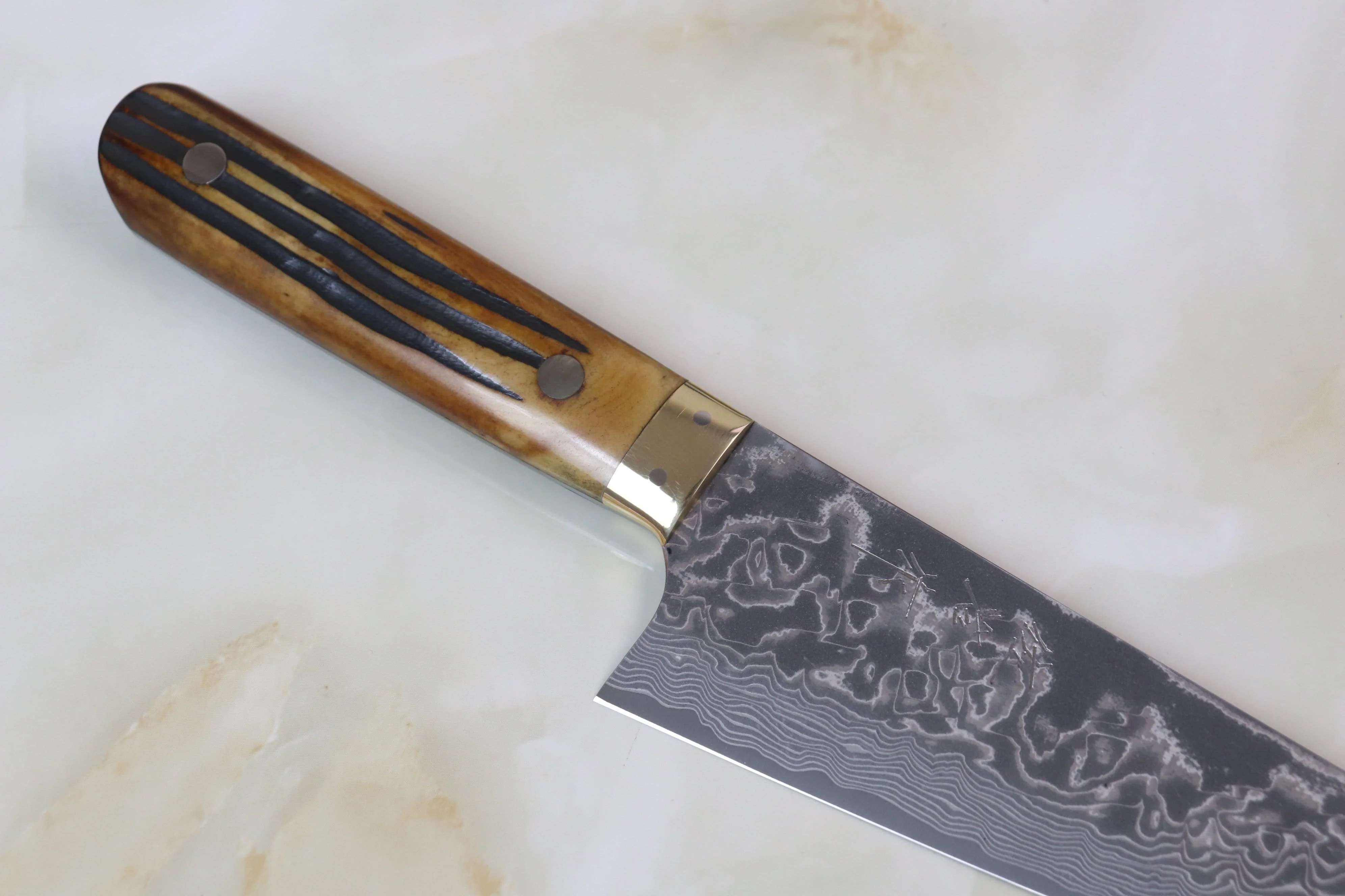 Takeshi Saji R-2 Custom Black Damascus Wild Series Garasuki 185mm (7.2 inch, Stag Bone Handle, SRD-10S) - Image 3