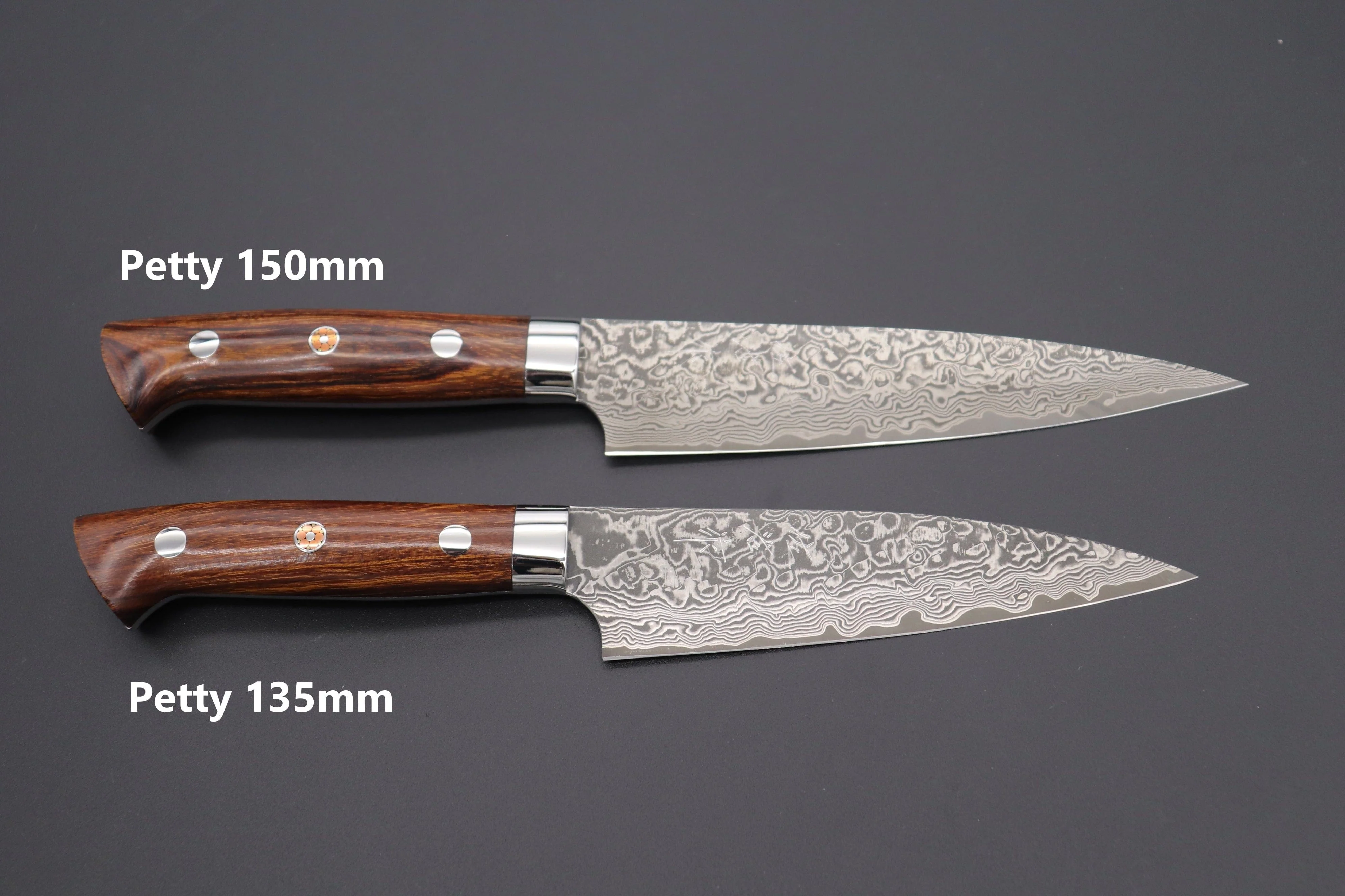 Takeshi Saji R-2 Custom Black Damascus Wild Series Petty (135mm and 150mm, Ironwood Handle) - Image 9