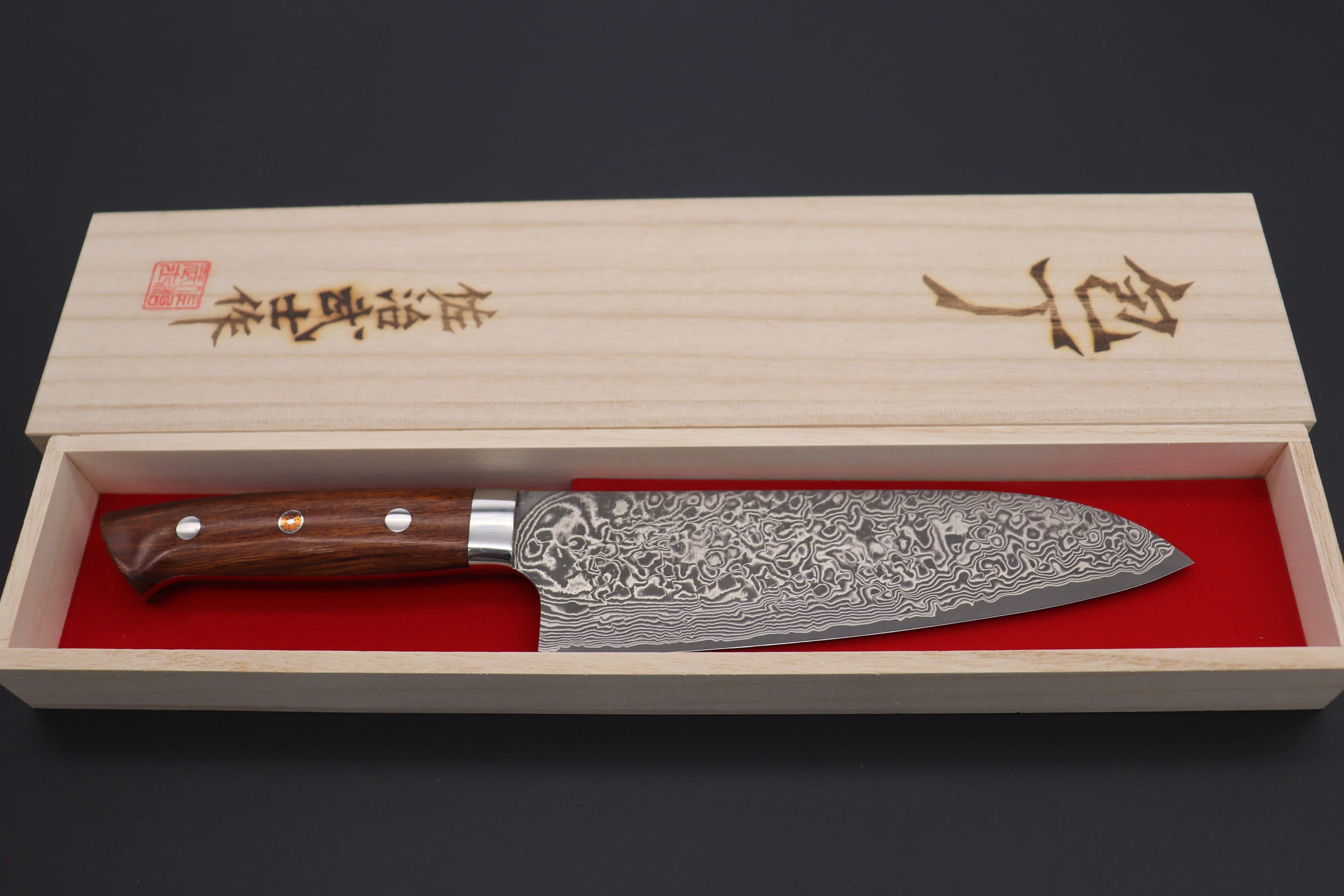 Takeshi Saji R-2 Custom Black Damascus Wild Series Santoku 180mm (7 inch, Ironwood Handle) - Image 8
