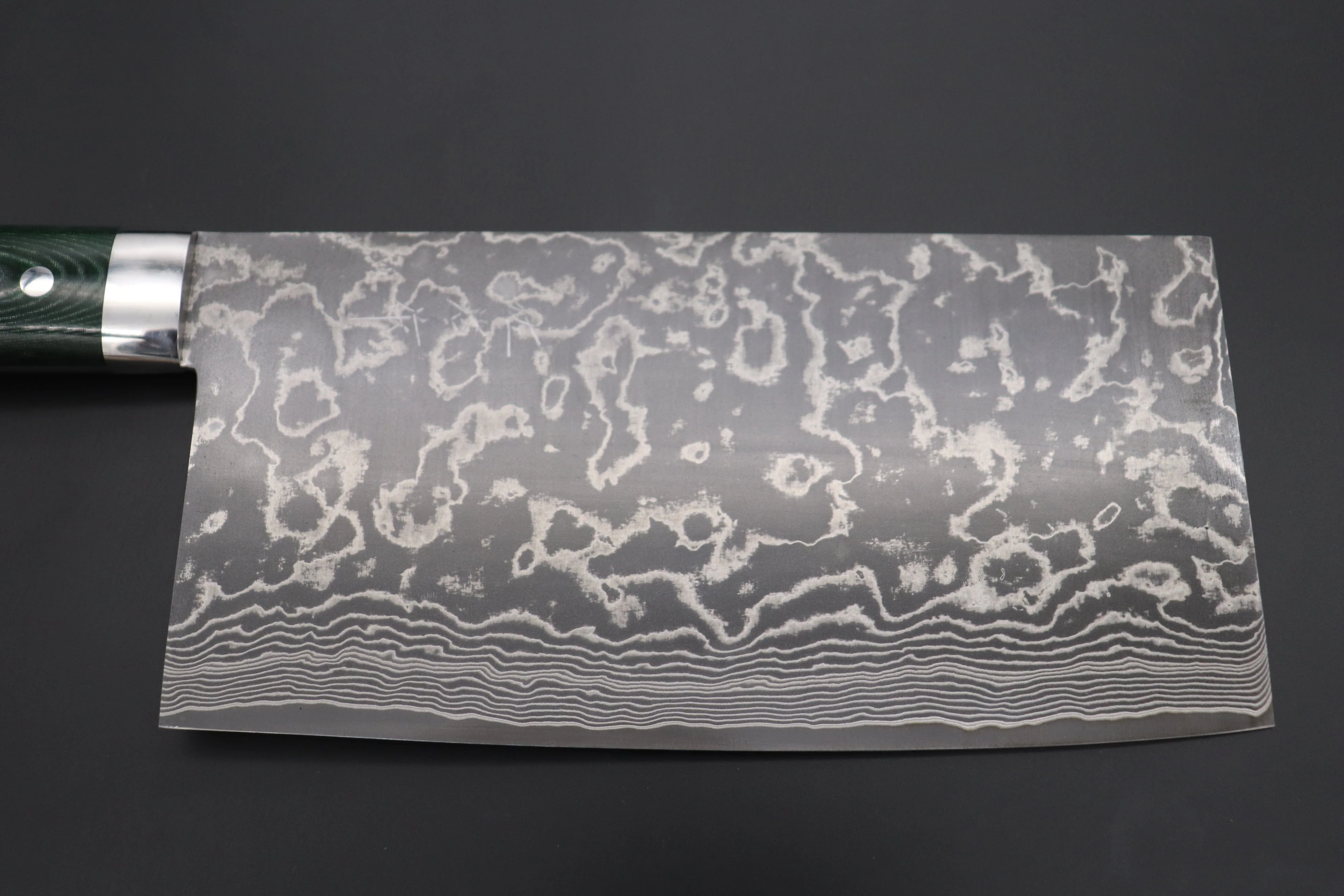 Takeshi Saji R-2 Custom Damascus Chinese Cleaver (Green Linen Micarta Handle, SCR2-GM) - Image 2