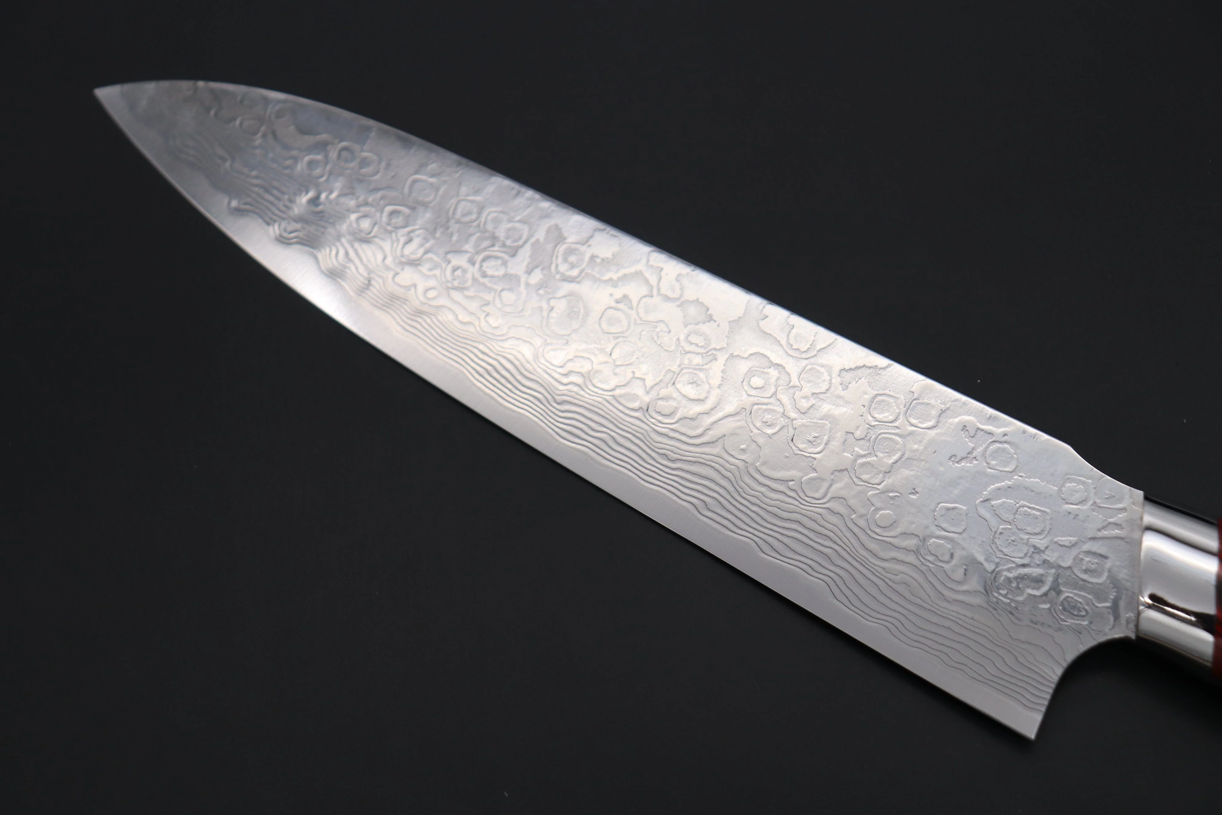 Takeshi Saji R-2 Diamond Damascus Gyuto — Upswept Design (210mm and 240mm, Red/Black Linen Micarta Handle) - Image 7