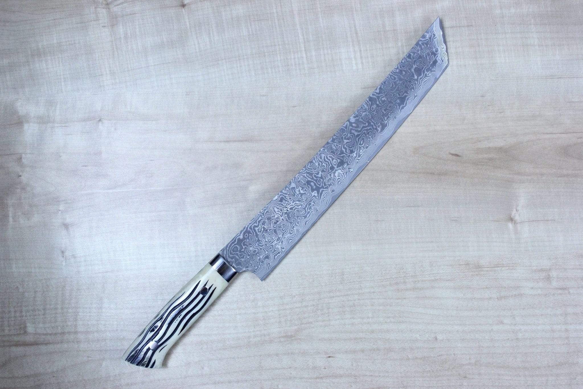 Takeshi Saji R-2 Custom Black Damascus Wild Series Katana Slicer 270mm Stag Bone Handle (10.6 inch)