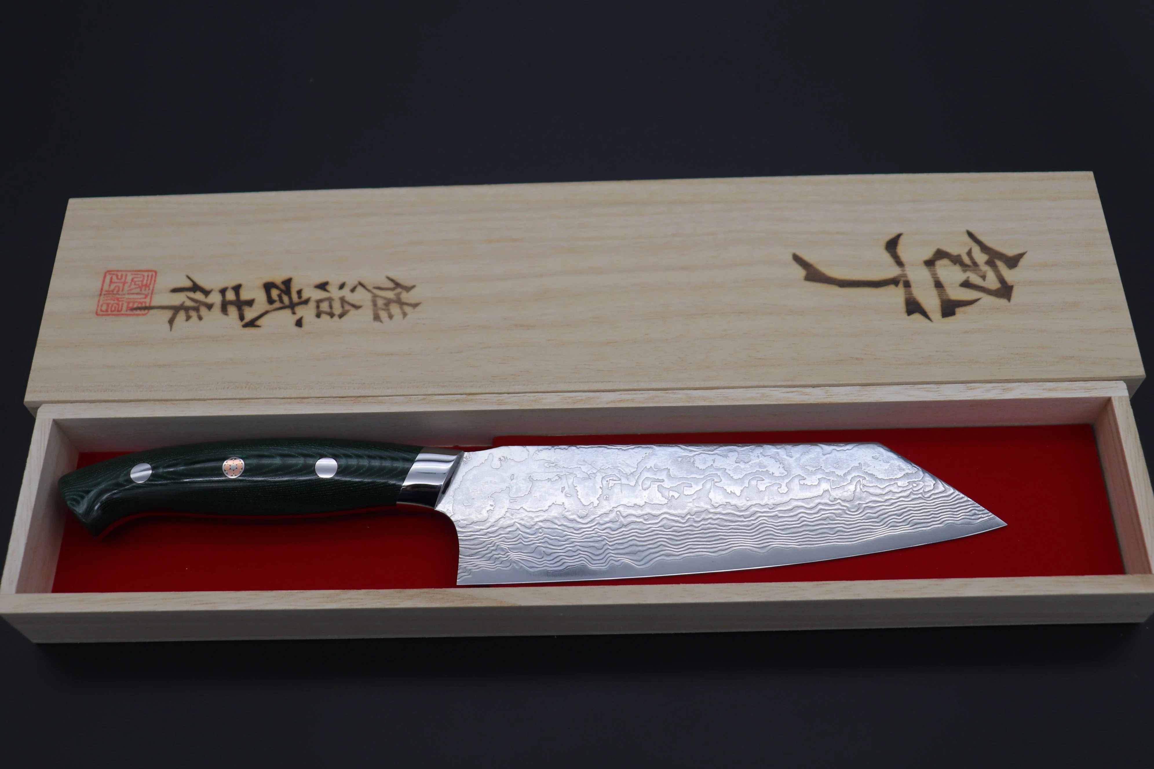Takeshi Saji R-2 Diamond Damascus Bunka 180mm — Upswept Design (7 Inch, Green Linen Micarta Handle, SNRD-4G) - Image 8
