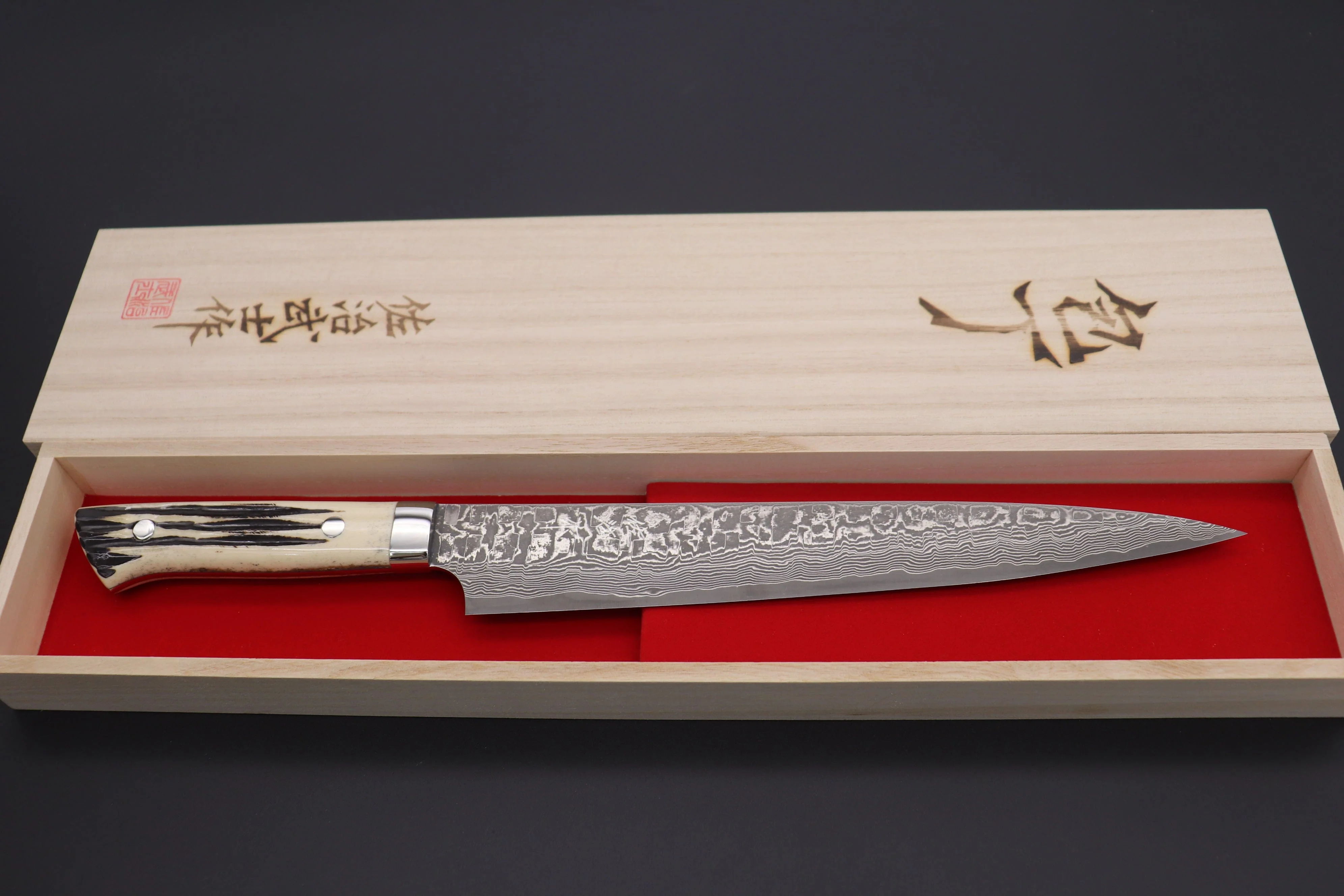 Takeshi Saji R-2 Custom Black Damascus Wild Series Sujihiki (240mm and 270mm, Stag Bone Handle) - Image 8