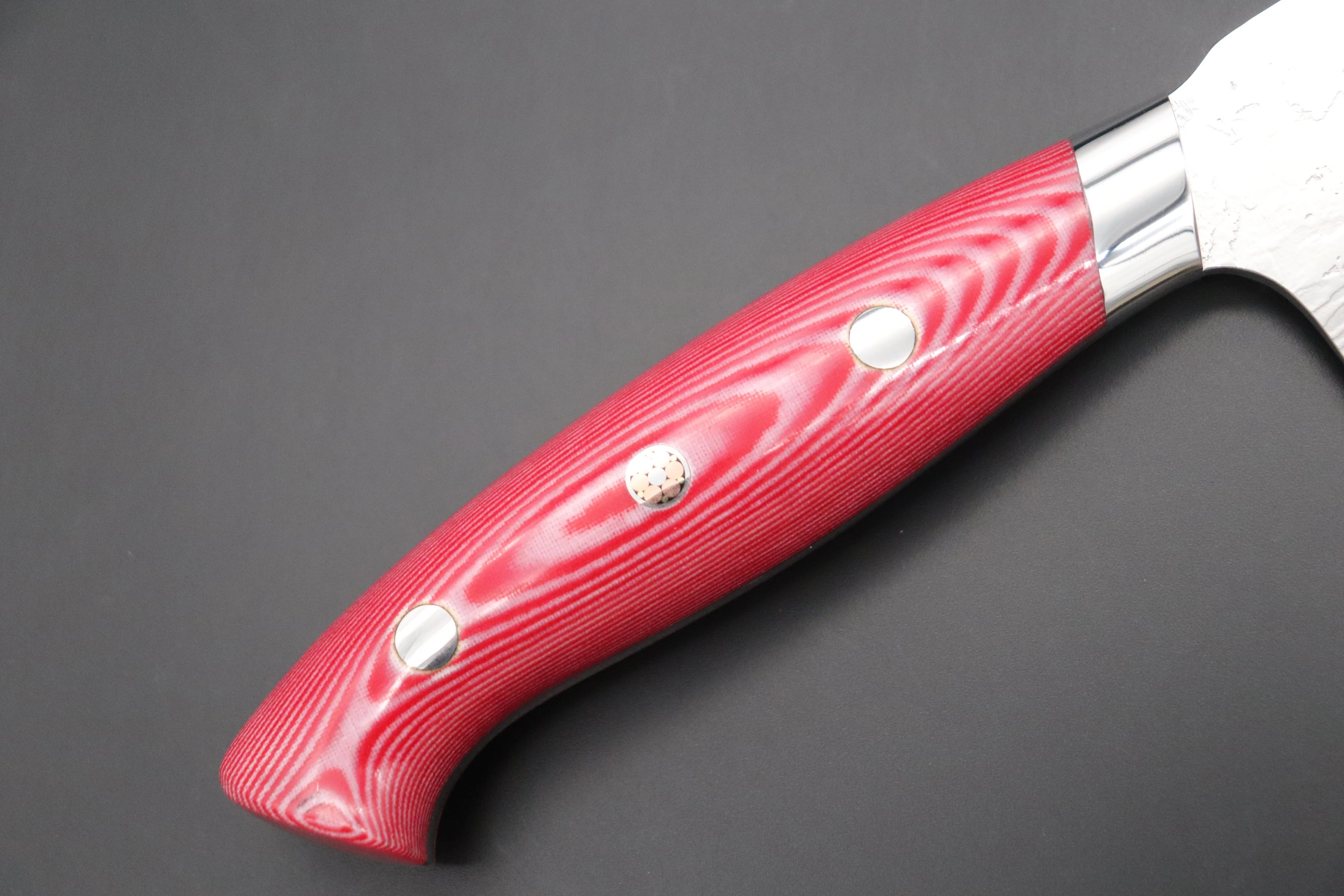 Takeshi Saji R-2 Diamond Damascus Bunka 180mm — Upswept Design (7 Inch, Red/White Linen Micarta Handle, SNRD-4RW) - Image 2