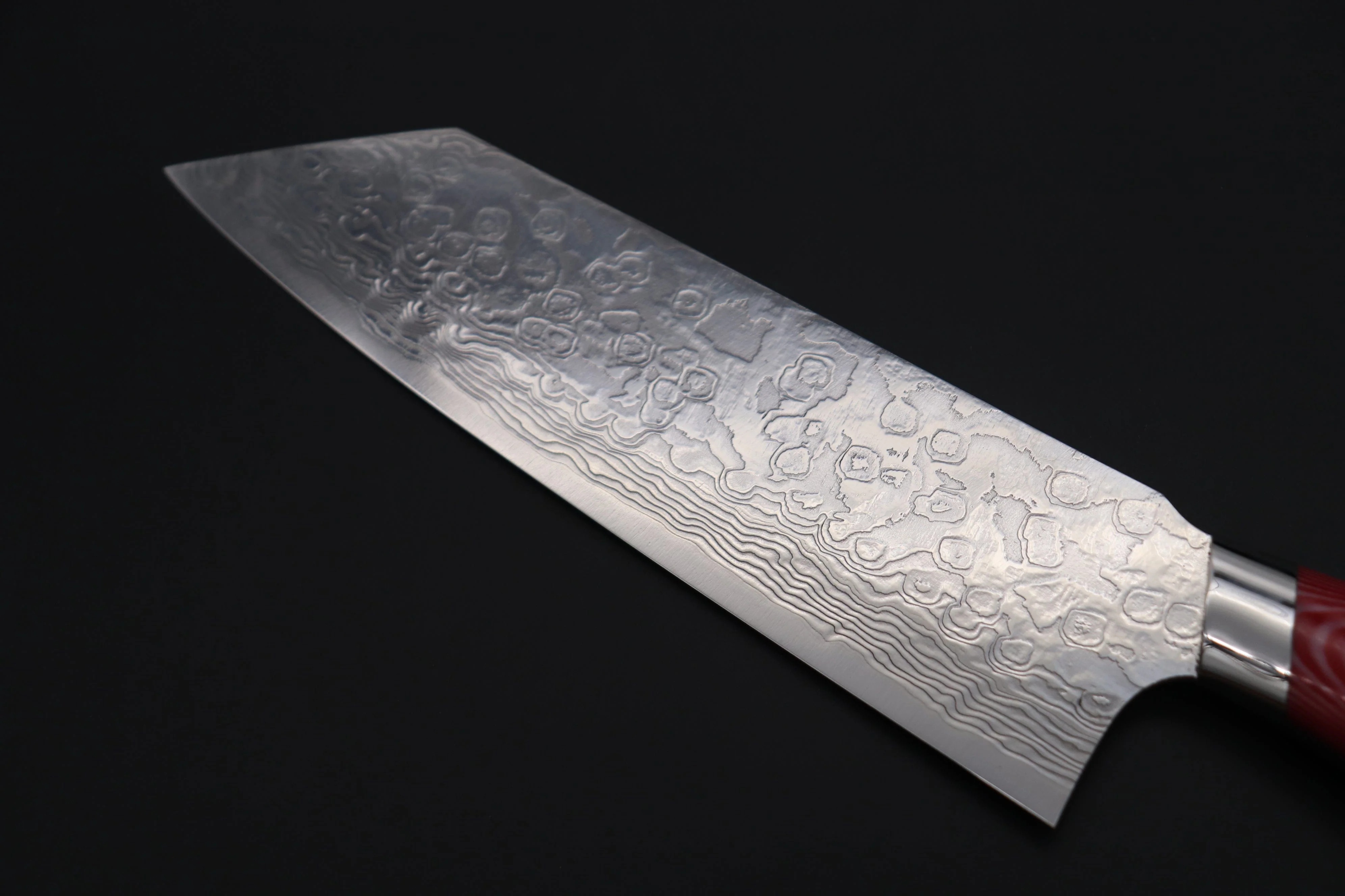 Takeshi Saji R-2 Diamond Damascus Bunka 180mm — Upswept Design (7 Inch, Red/White Linen Micarta Handle, SNRD-4RW) - Image 7