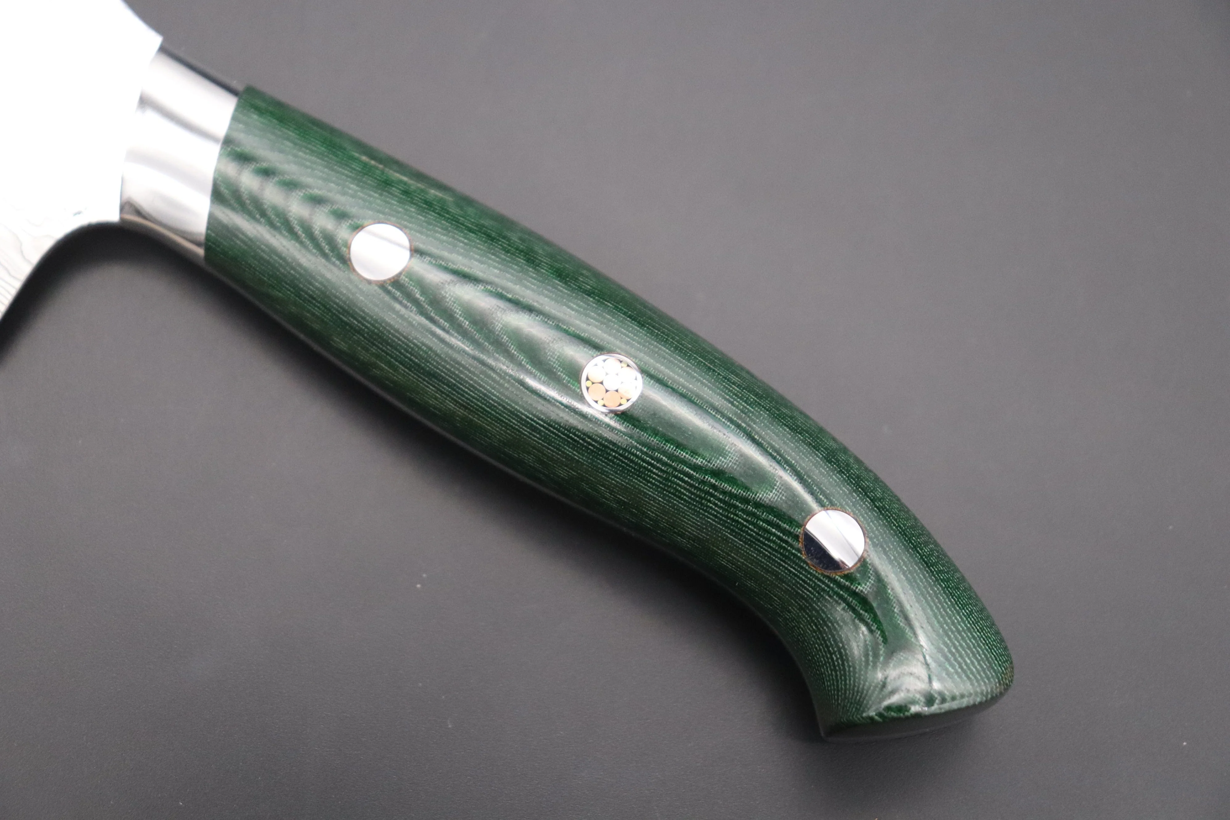 Takeshi Saji R-2 Diamond Damascus Santoku 175mm — Upswept Design (6.8 Inch, Green Linen Micarta Handle, SNRD-5G) - Image 7