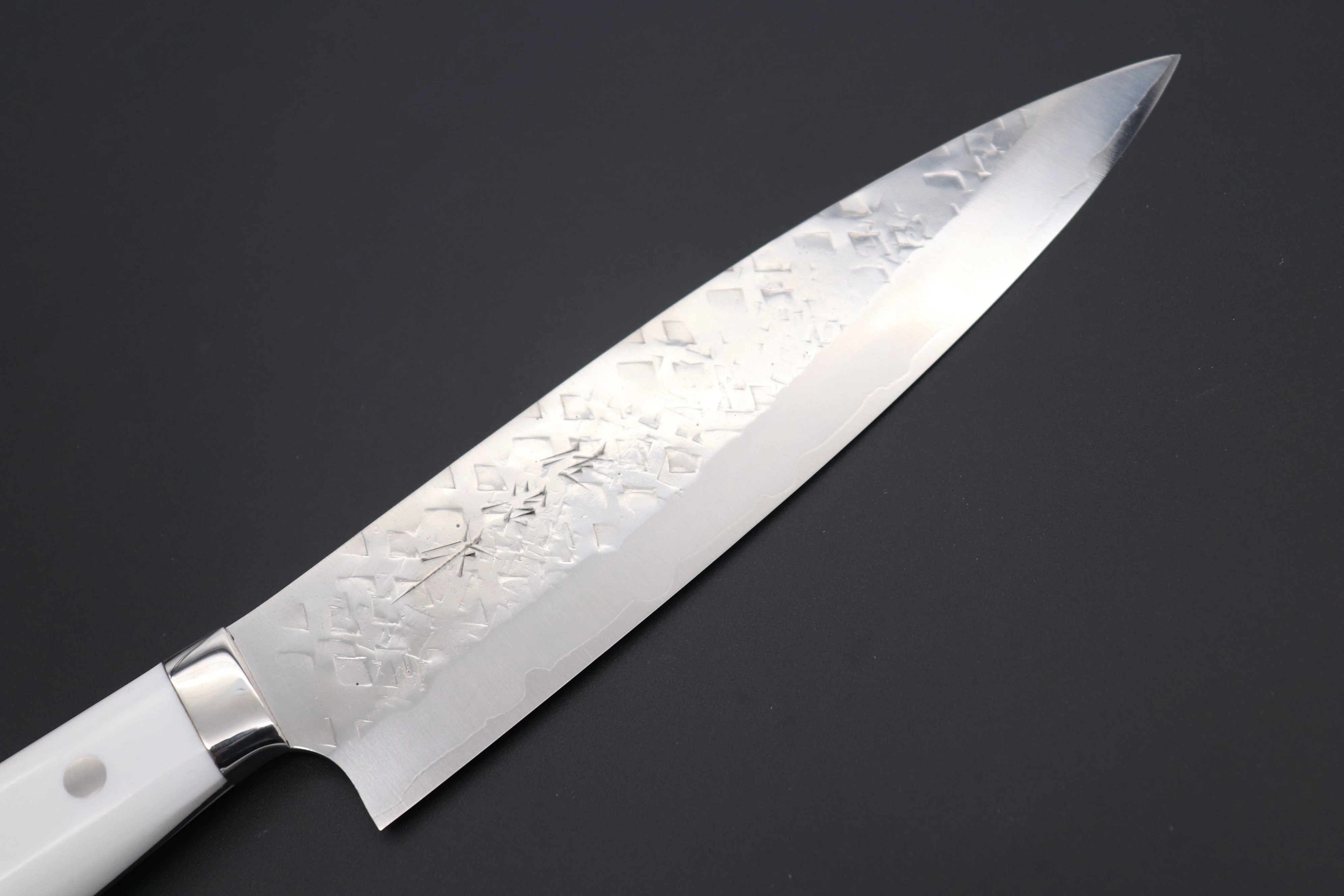 Takeshi Saji SRS-13 Hammer Forged, Custom Handmade Handle Series "Designed By Nomura" Gyuto (210mm and 240mm, 2 Sizes, , White Corian Handle) - Image 2