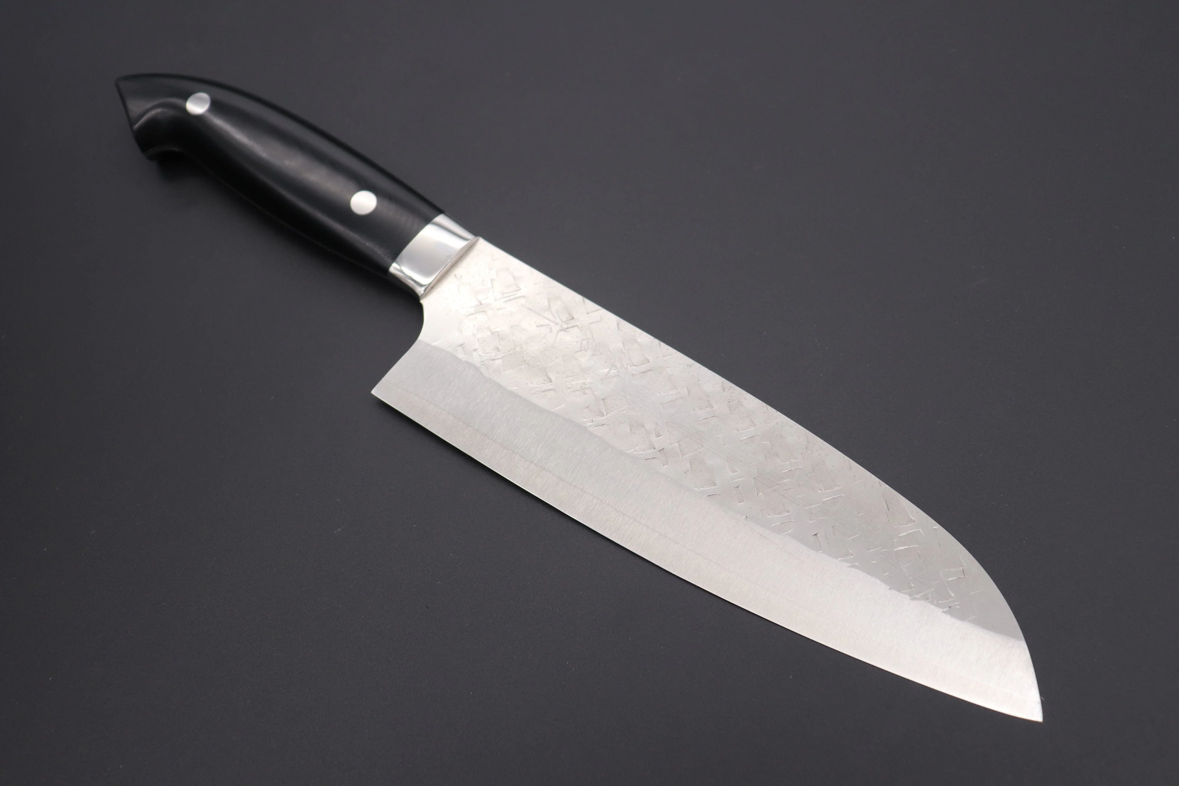 Takeshi Saji SRS-13 Hammer Forged, Custom Handmade Handle Series "Designed By Nomura" Santoku 180mm (7 inch, Black Linen Micarta Handle)