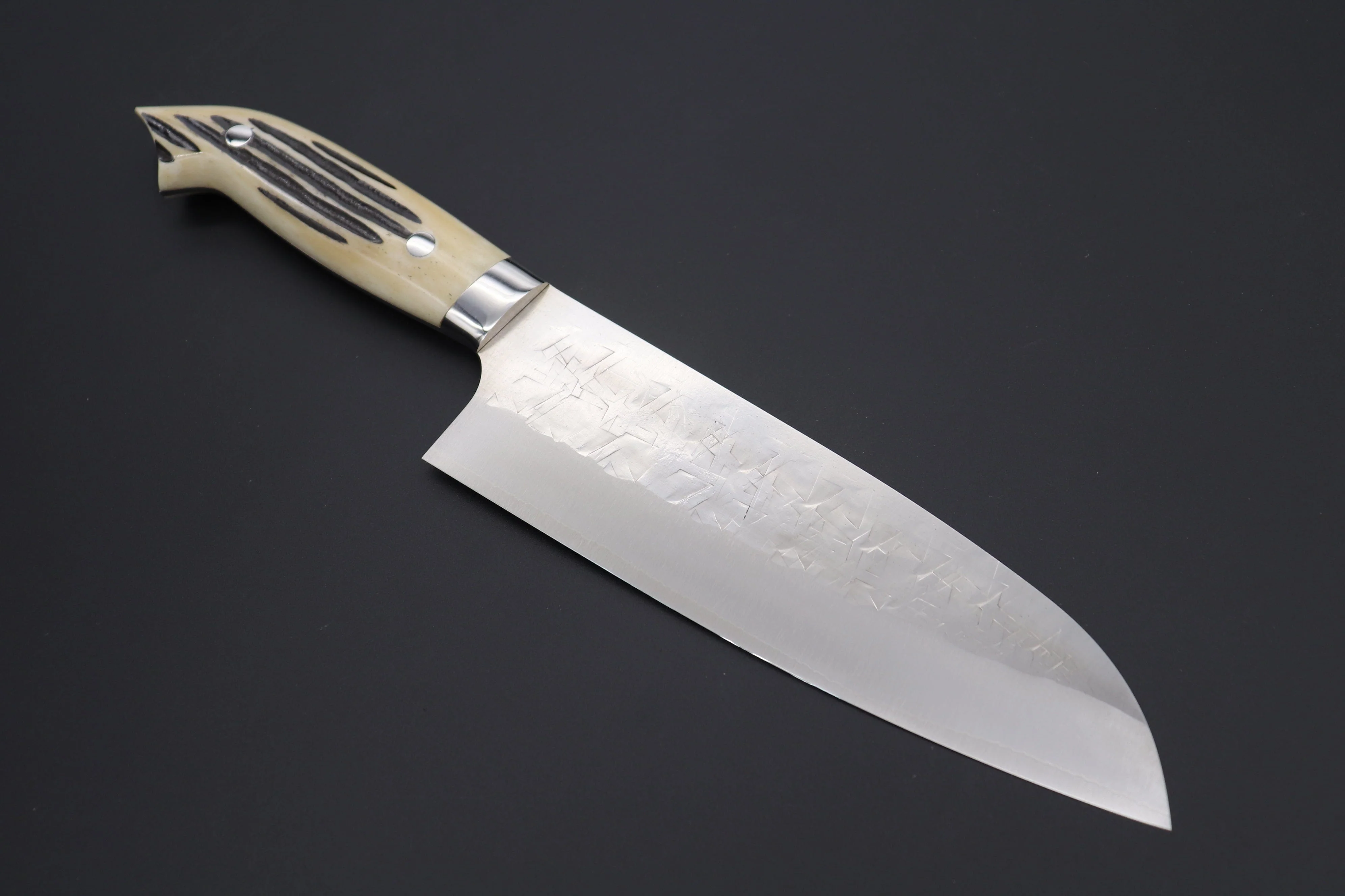 Takeshi Saji SRS-13 Hammer Forged, Custom Handmade Handle Series "Designed By Nomura" Santoku 180mm (7 inch, Stag Bone Handle)