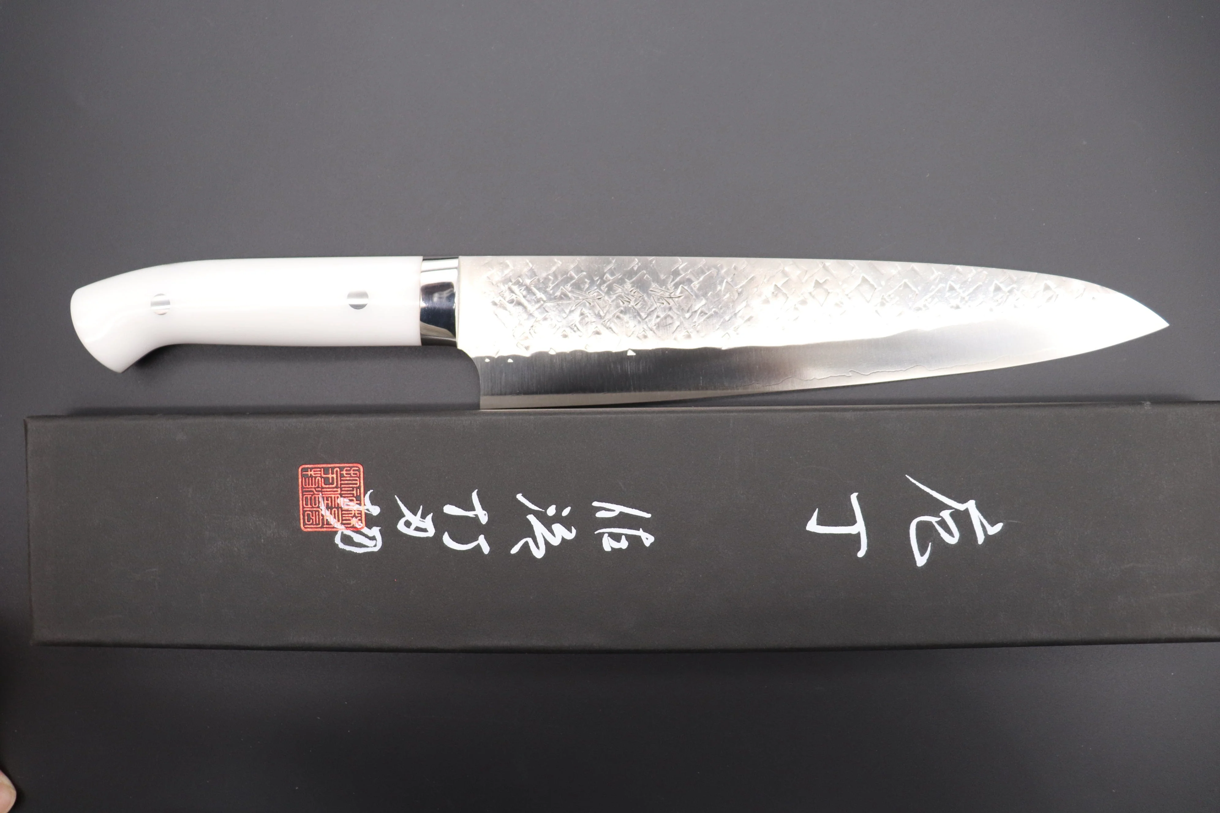 Takeshi Saji SRS-13 Hammer Forged, Custom Handmade Handle Series Gyuto  (180mm and 240mm, 3 Sizes, White Corian Handle) - Image 10
