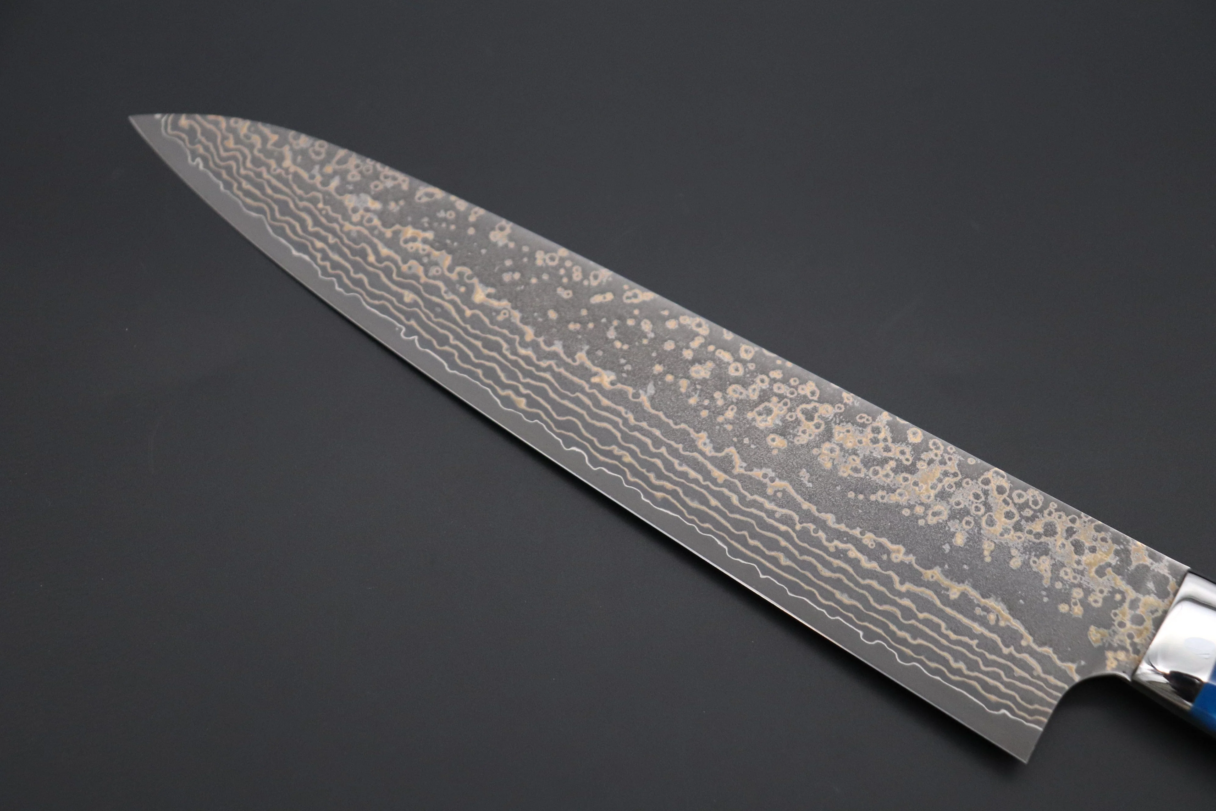 Takeshi Saji SUMMIT ― Limited Edition Custom Series  SMT-1063 VG-10W Multi-Colored Golden-Rainbow Damascus Gyuto 240mm (9.4 Inch) - Image 6