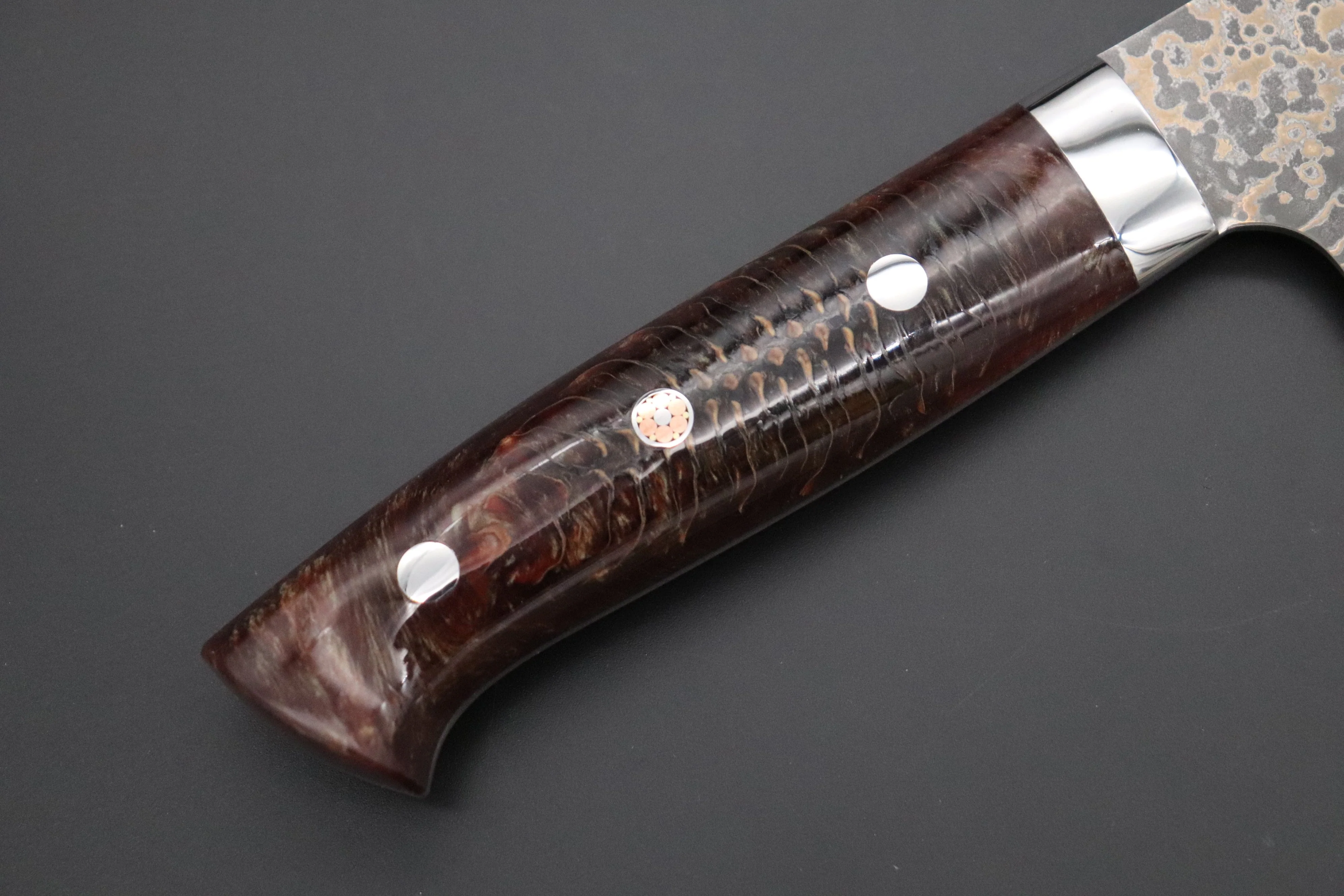 Takeshi Saji SUMMIT ― Limited Edition Custom Series  SMT-1065 VG-10W Multi-Colored Golden-Rainbow Damascus Gyuto 240mm (9.4 Inch) - Image 3