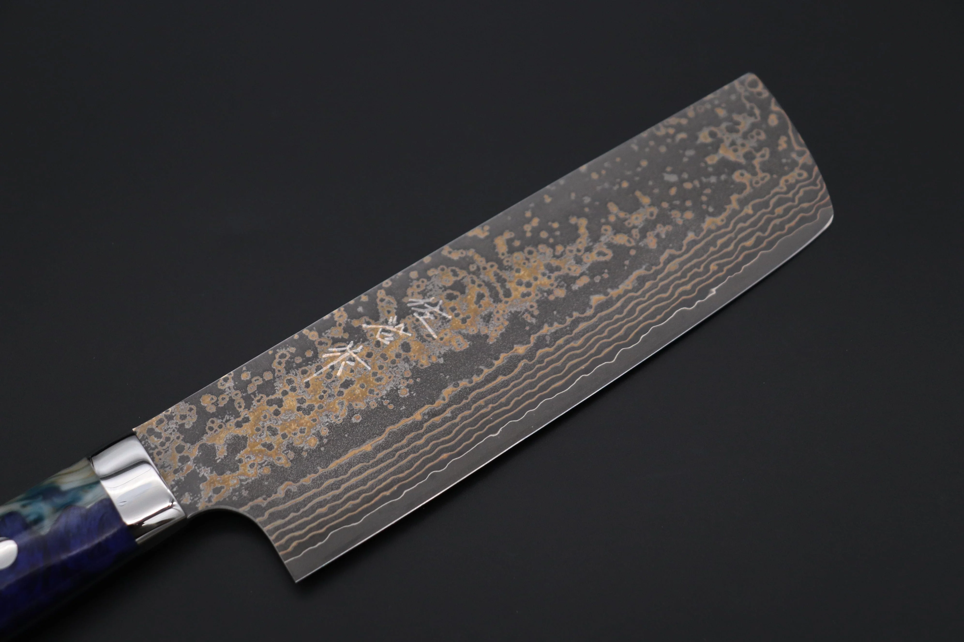 Takeshi Saji SUMMIT ― Limited Edition Custom Series  SMT-1085 VG-10W Multi-Colored Golden-Rainbow Damascus Nakiri 165mm (6.4 Inch) - Image 2