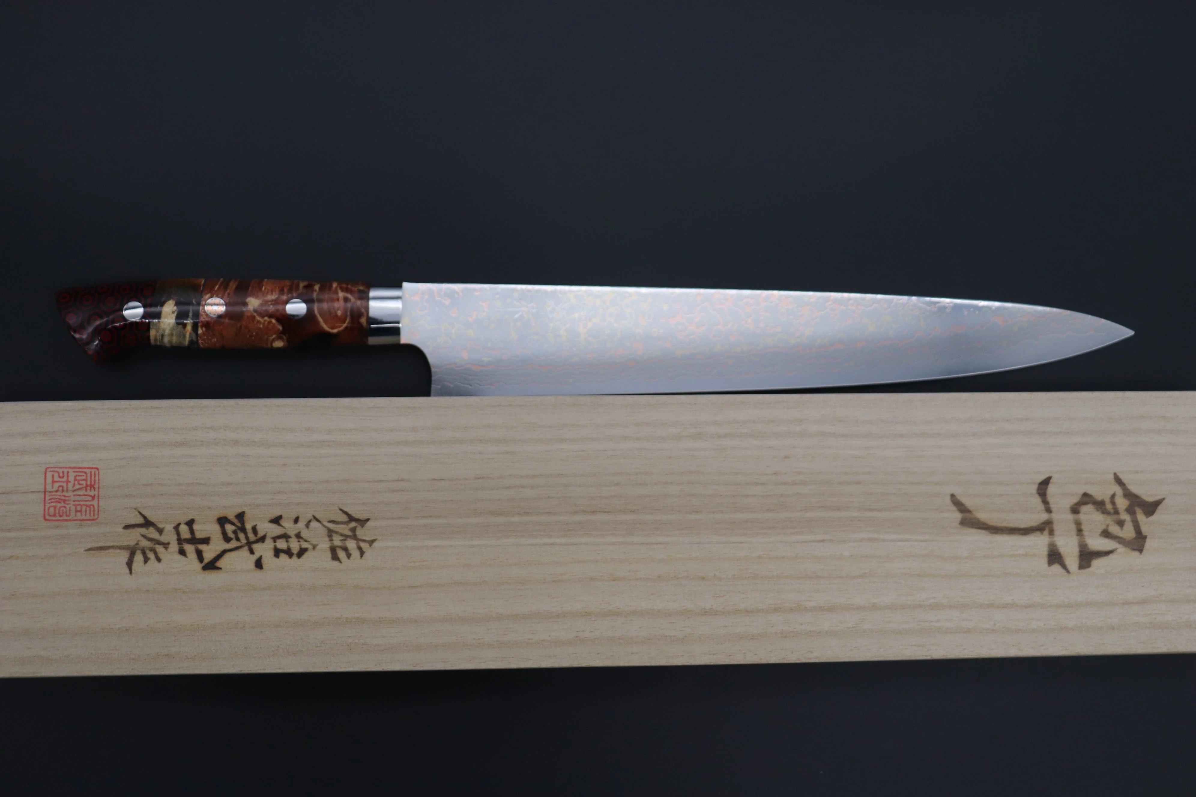Takeshi Saji SUMMIT ― Limited Edition Custom Series  SMT-1137 VG-10W磨 Multi-Colored Golden-Rainbow Damascus Sujihiki 270mm (10.6 Inch) - Image 8