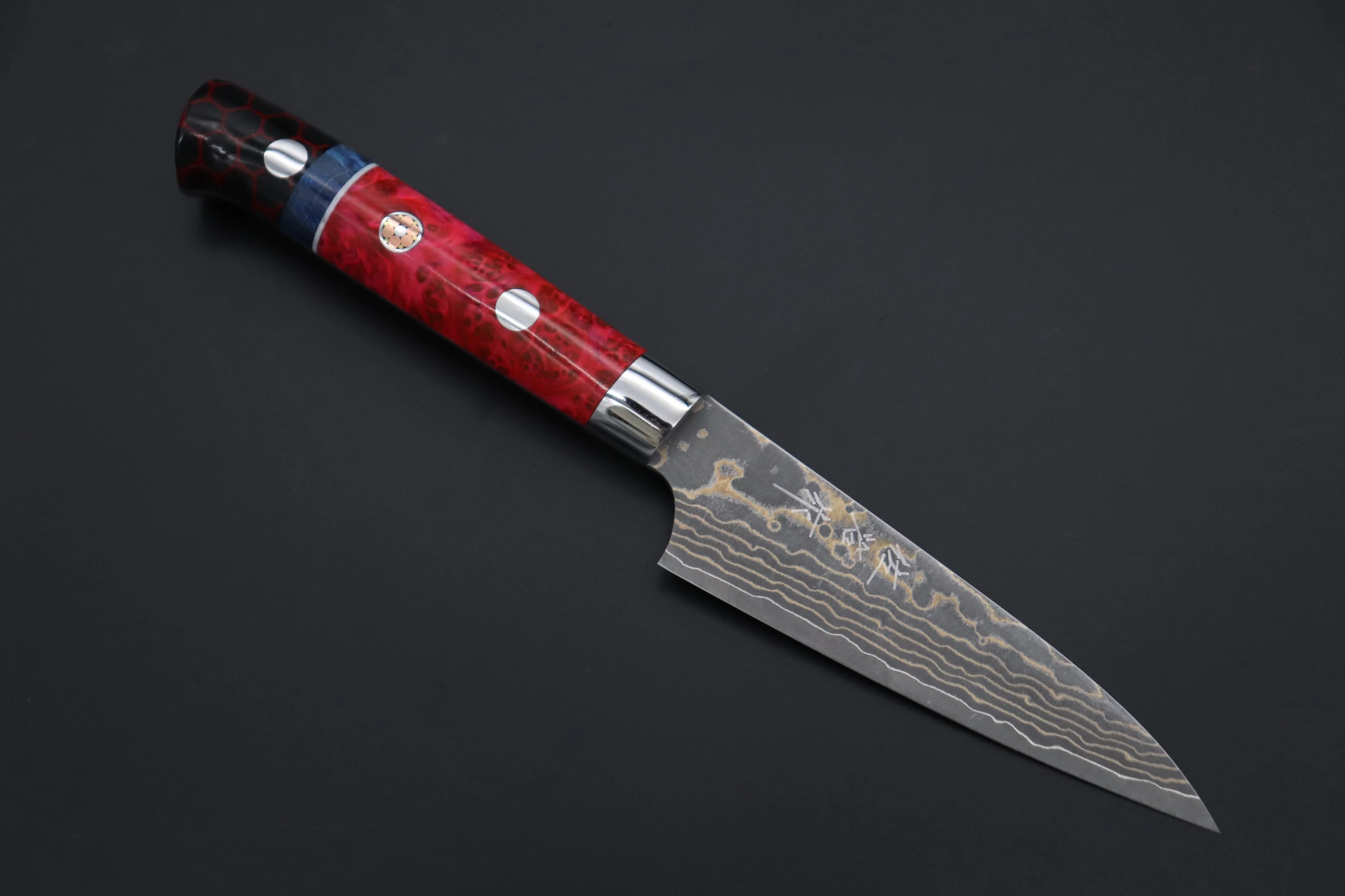 Takeshi Saji SUMMIT ― Limited Edition Custom Series  SMT-1142 VG-10W Multi-Colored Golden-Rainbow Damascus Paring 95mm (3.7 Inch)
