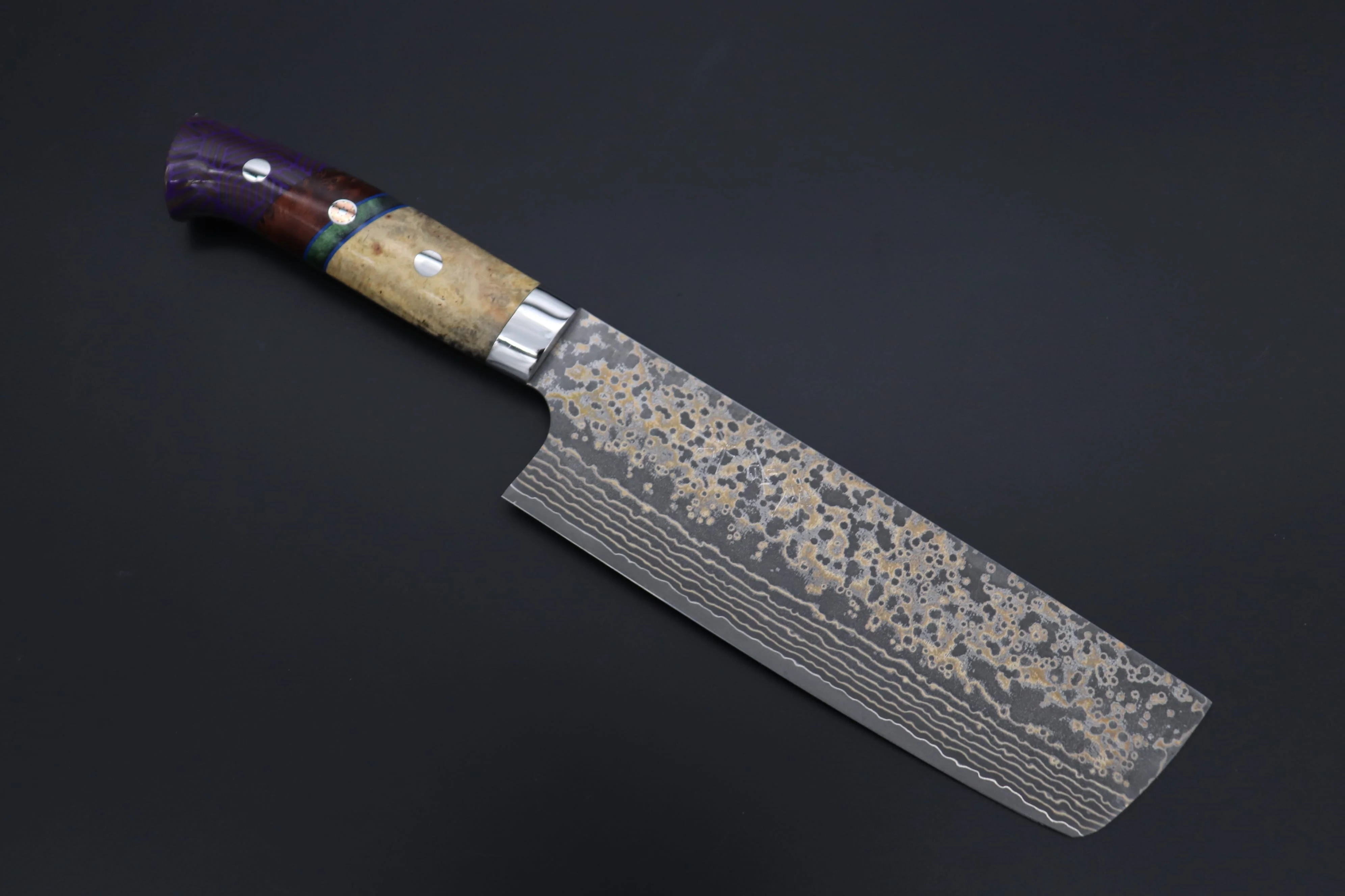 Takeshi Saji SUMMIT ― Limited Edition Custom Series  SMT-1153 VG-10W Multi-Colored Golden-Rainbow Damascus Nakiri 165mm (6.4 Inch)