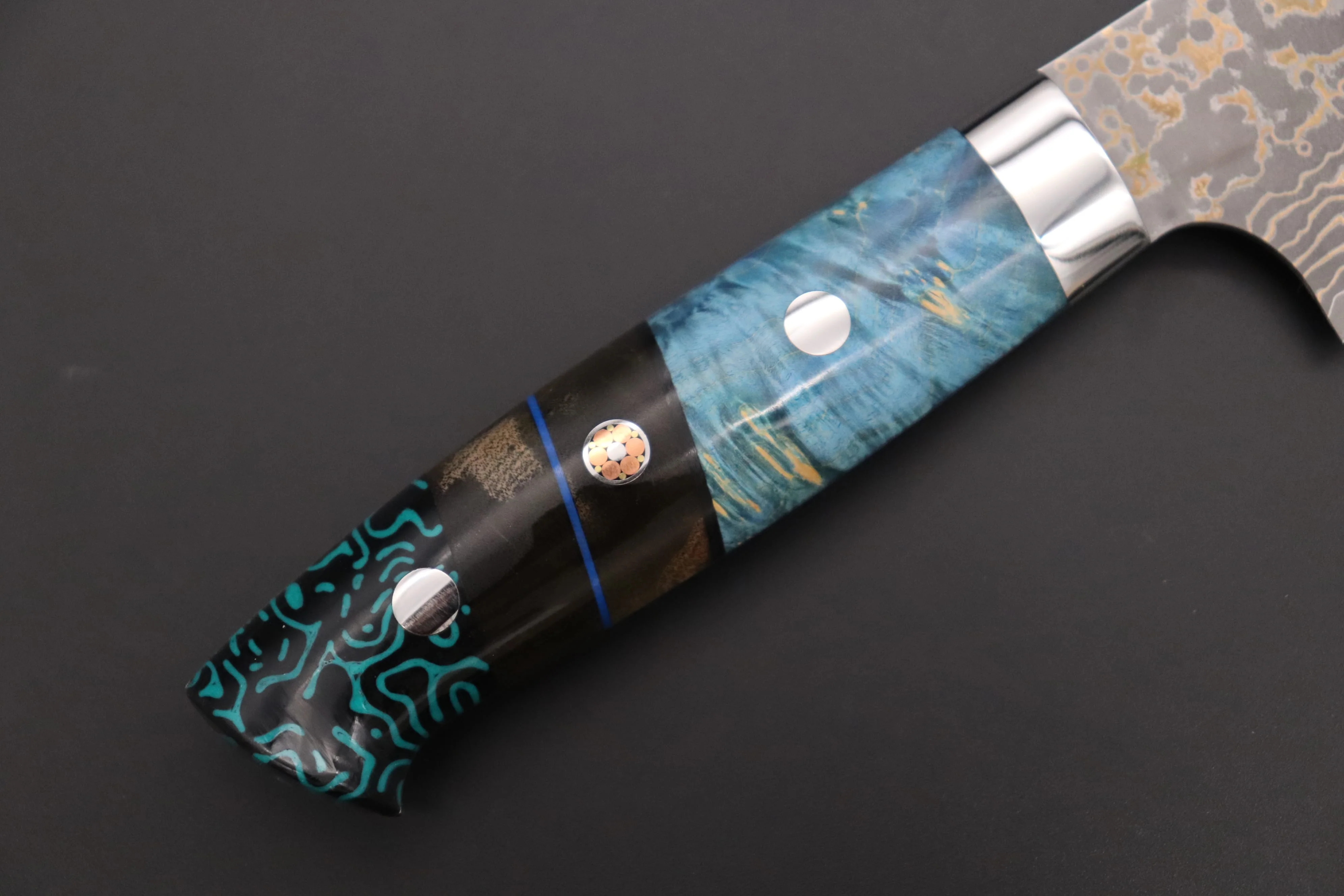 Takeshi Saji SUMMIT ― Limited Edition Custom Series  SMT-1156 VG-10W Multi-Colored Golden-Rainbow Damascus Gyuto 180mm (7 Inch) - Image 3