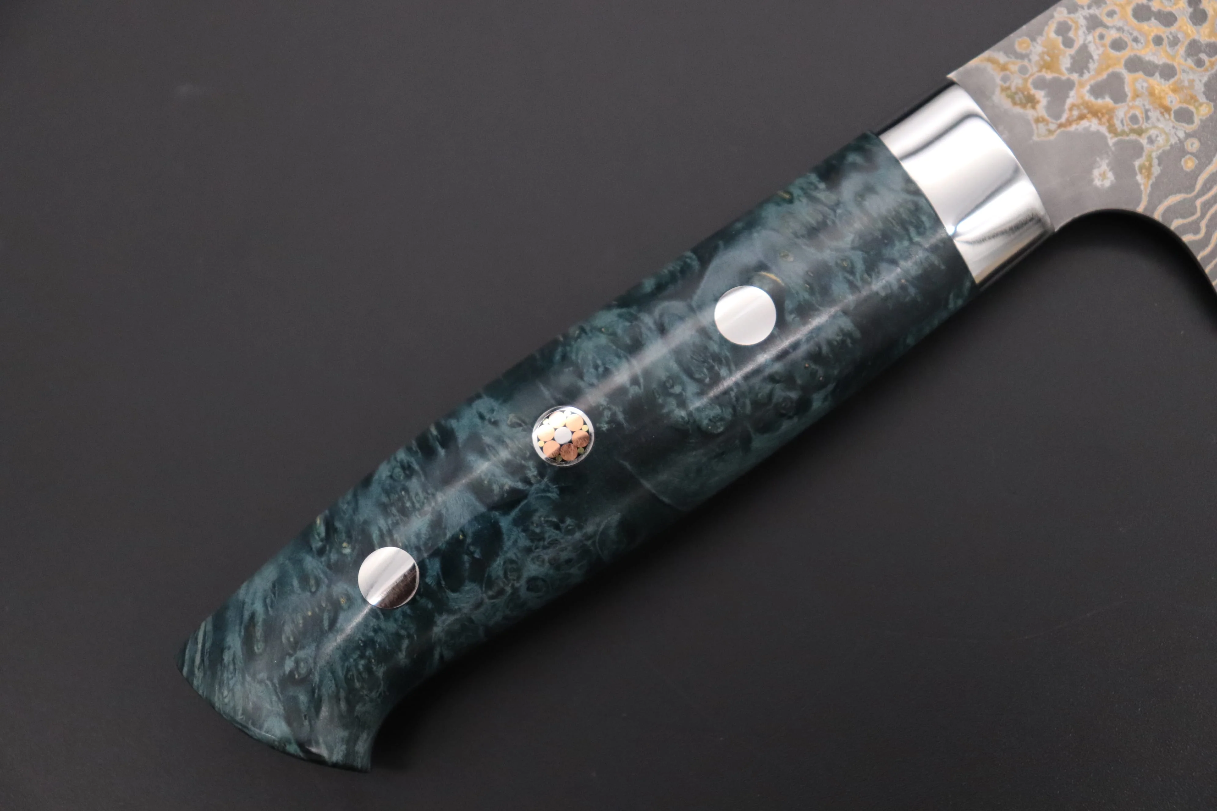 Takeshi Saji SUMMIT ― Limited Edition Custom Series  SMT-1157 VG-10W Multi-Colored Golden-Rainbow Damascus Gyuto 180mm (7 Inch) - Image 3