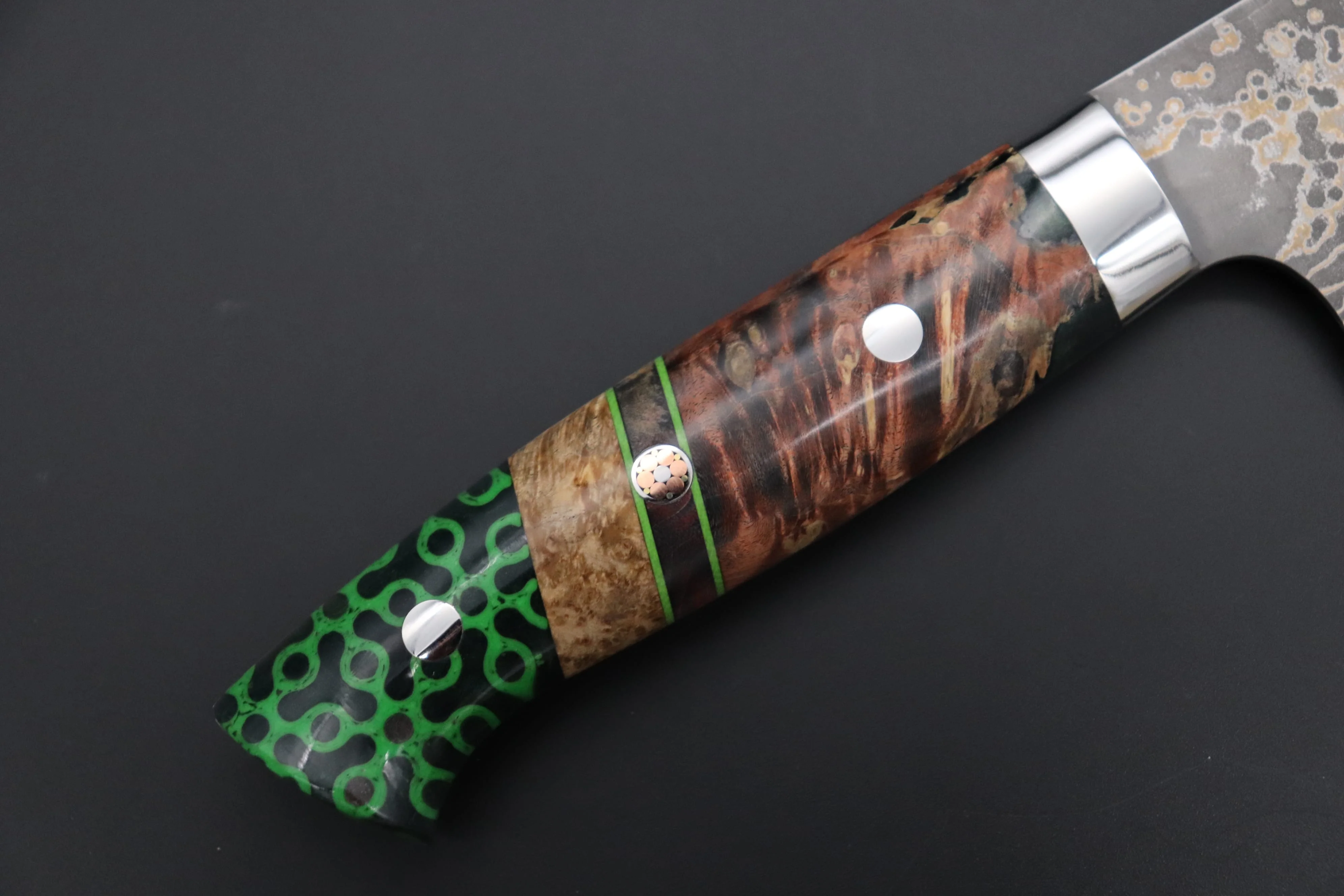 Takeshi Saji SUMMIT ― Limited Edition Custom Series  SMT-1162 VG-10W Multi-Colored Golden-Rainbow Damascus Gyuto 240mm (9.4 Inch) - Image 3