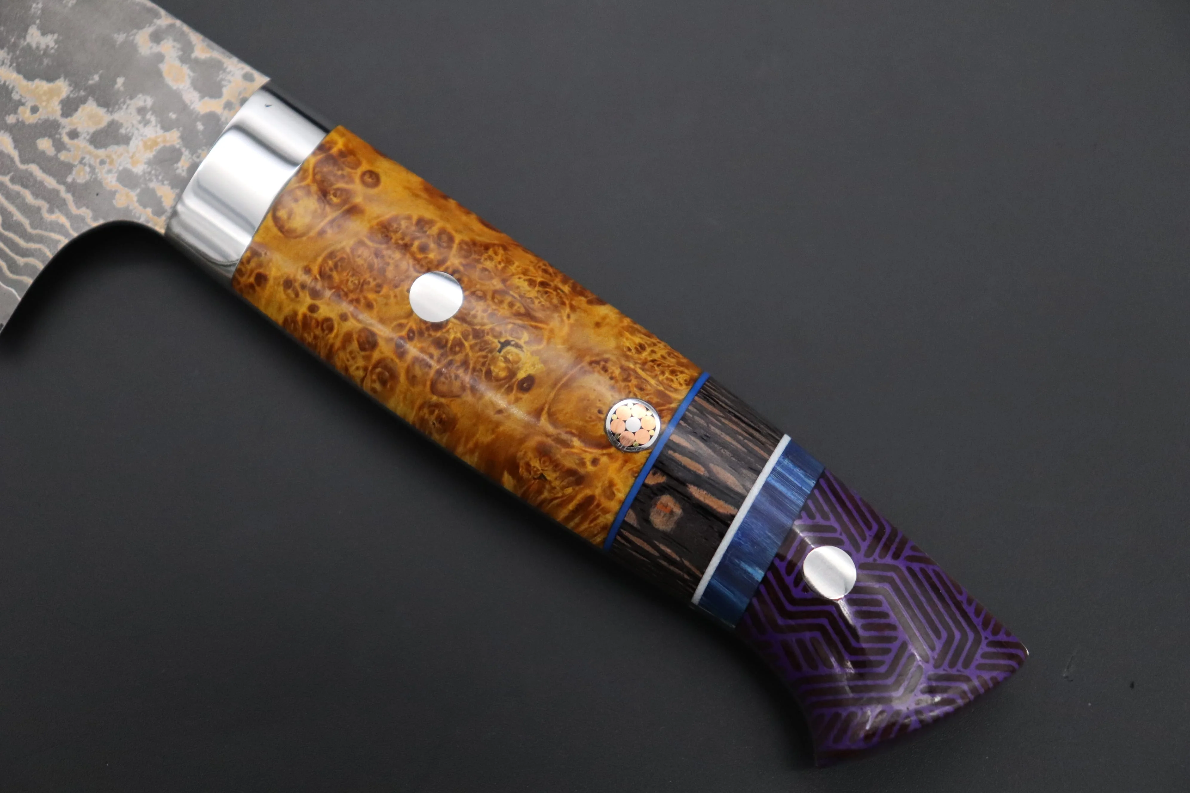 Takeshi Saji SUMMIT ― Limited Edition Custom Series  SMT-1163 VG-10W Multi-Colored Golden-Rainbow Damascus Gyuto 240mm (9.4 Inch) - Image 7