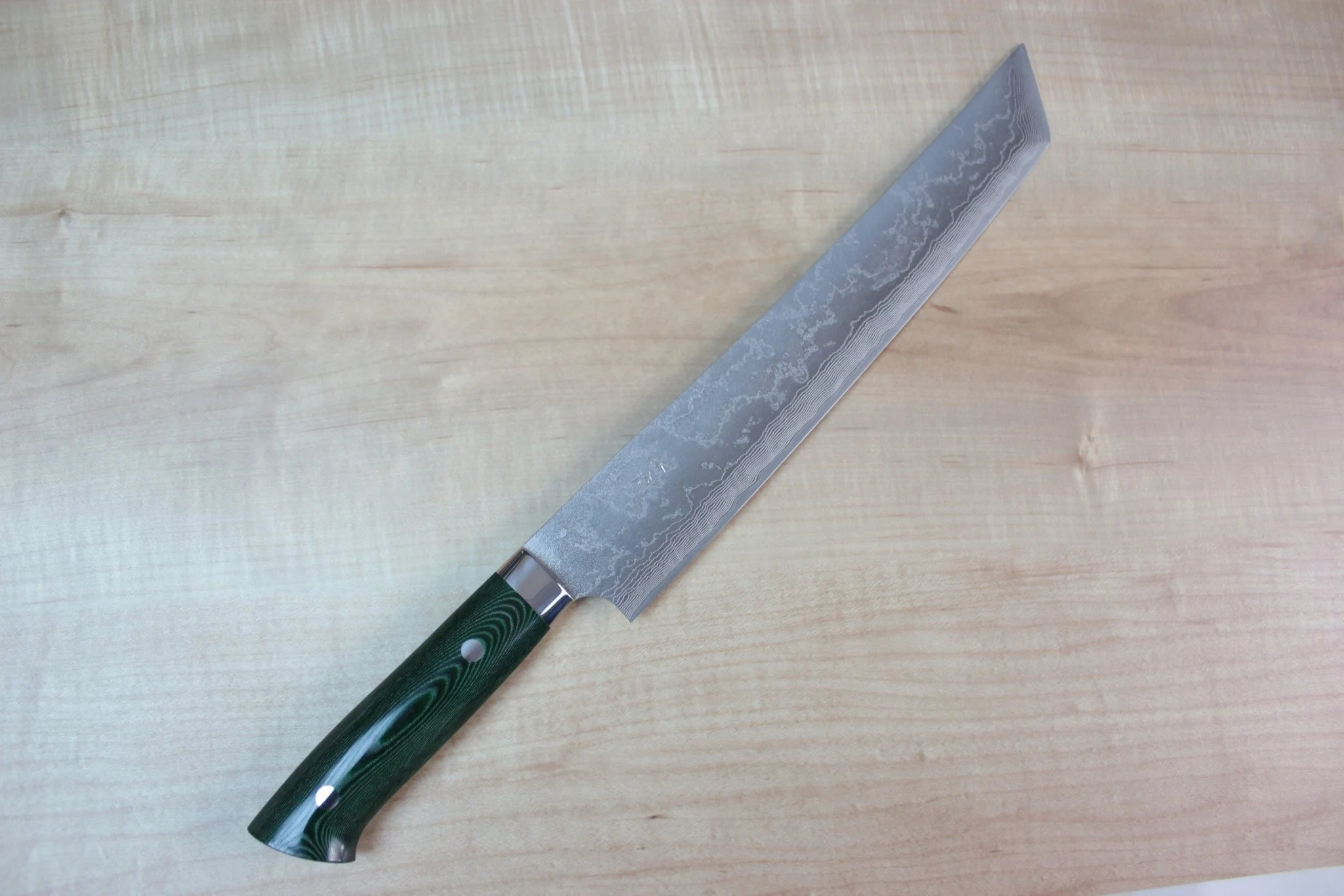 Takeshi Saji VG-10 Custom Damascus Wild Series Katana Slicer 270mm Green Linen Micarta Handle (10.6 inch)