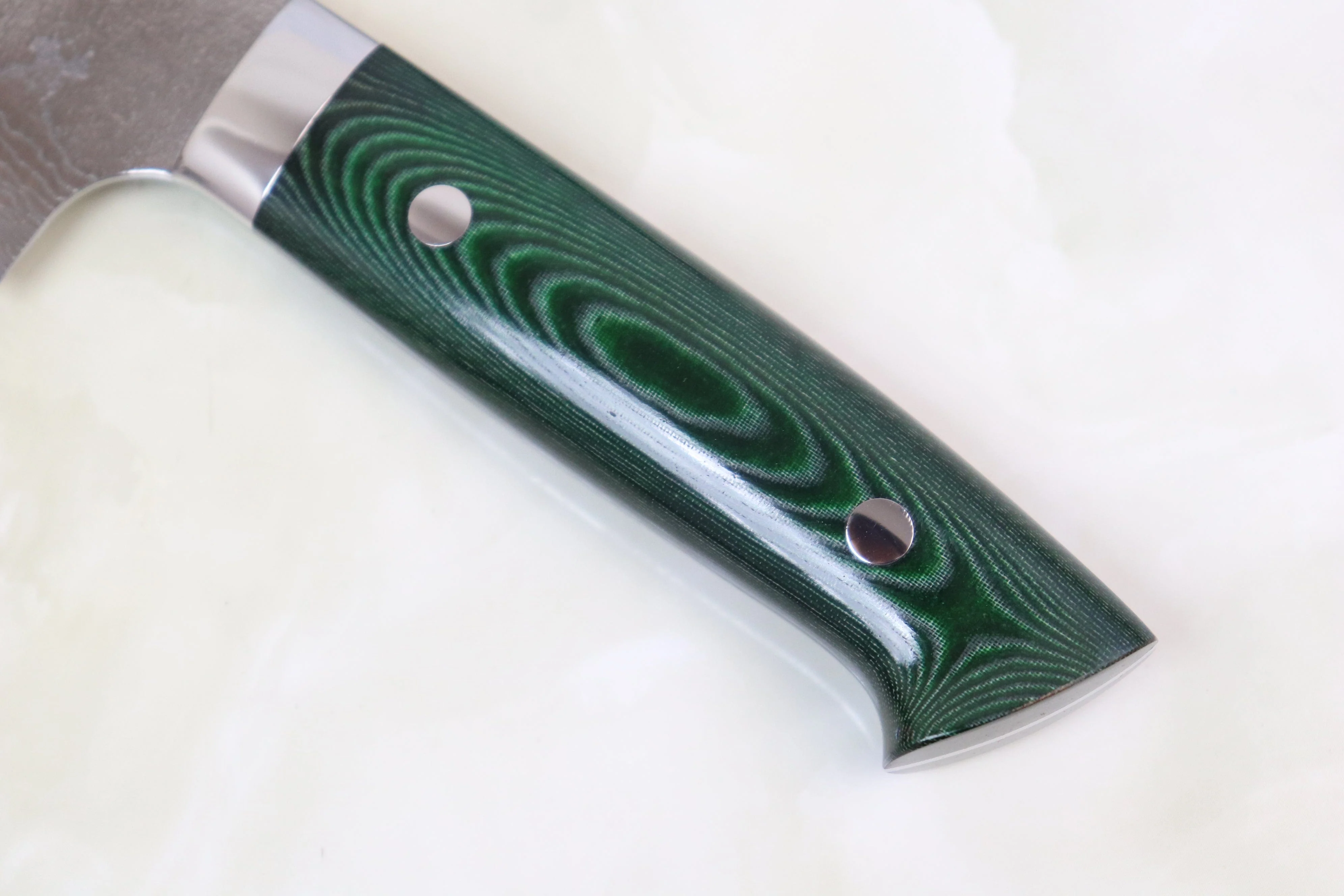 Takeshi Saji VG-10 Custom Damascus Wild Series Santoku 180mm (7 inch, Green Linen Micarta Handle) - Image 7