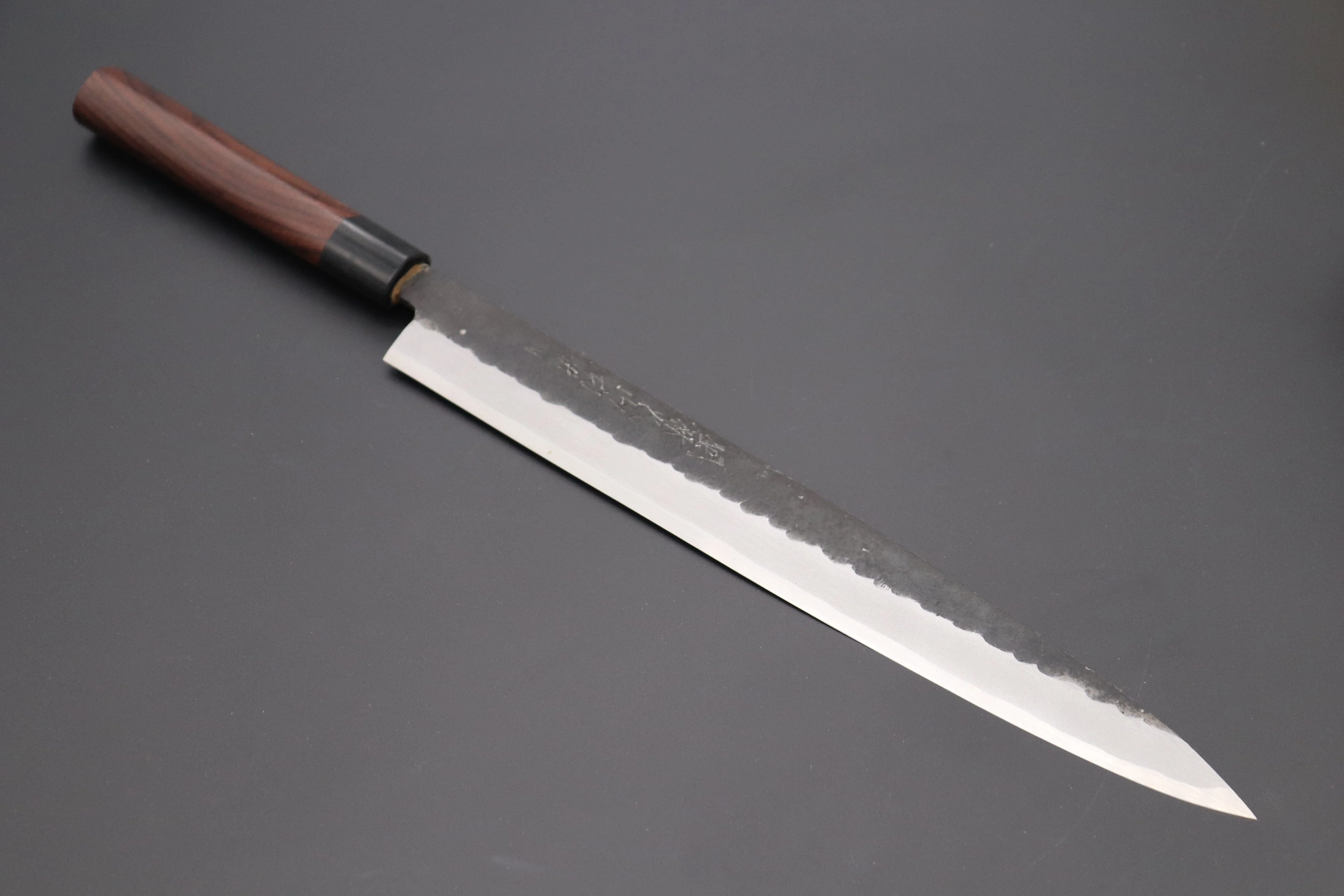 Fu-Rin-Ka-Zan Kurouchi White Steel No.2 Series Yanagiba (D Shaped Red-Sandal Wood Handle with Black Pakka Wood Ferrules, 240mm to 300mm, 3 sizes) - Image 9